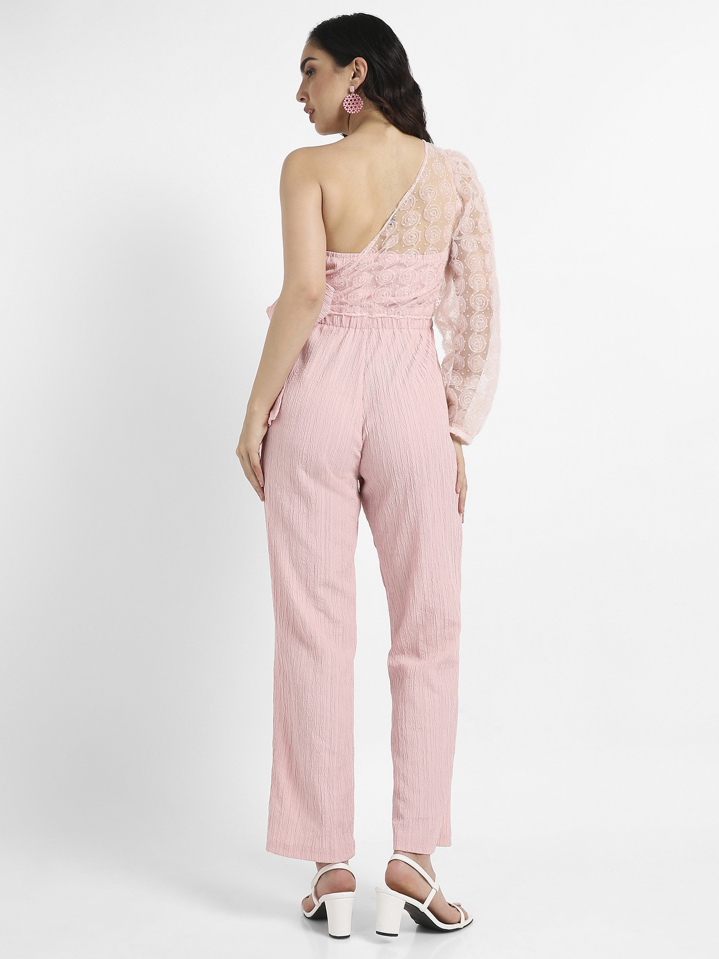 Pink Textured Straight-Leg Jumpsuit with One-Shoulder Design
