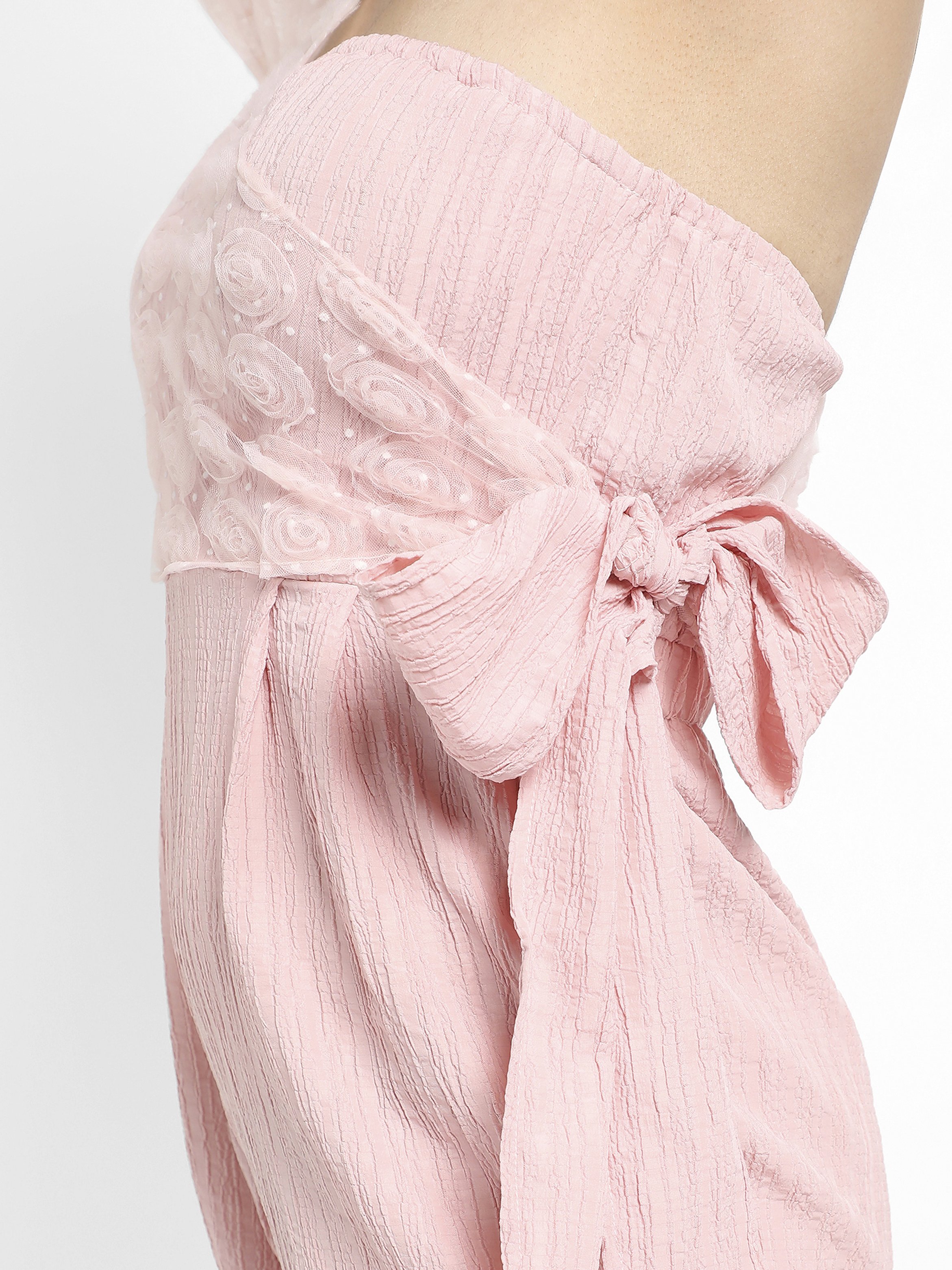 Pink Textured Straight-Leg Jumpsuit with One-Shoulder Design