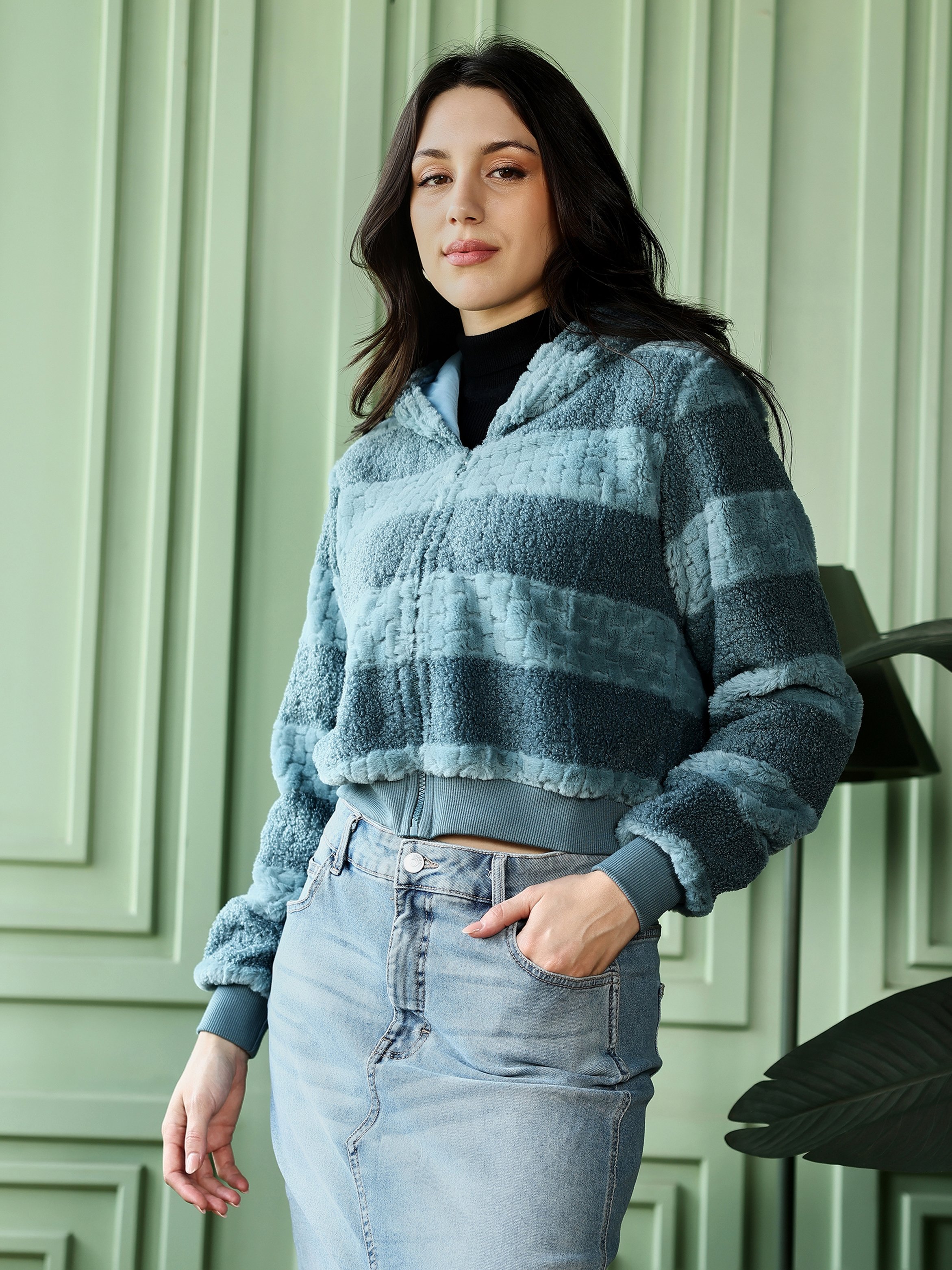 Aegean Blue Faux Fur-Panel Zip Front Hoodie
