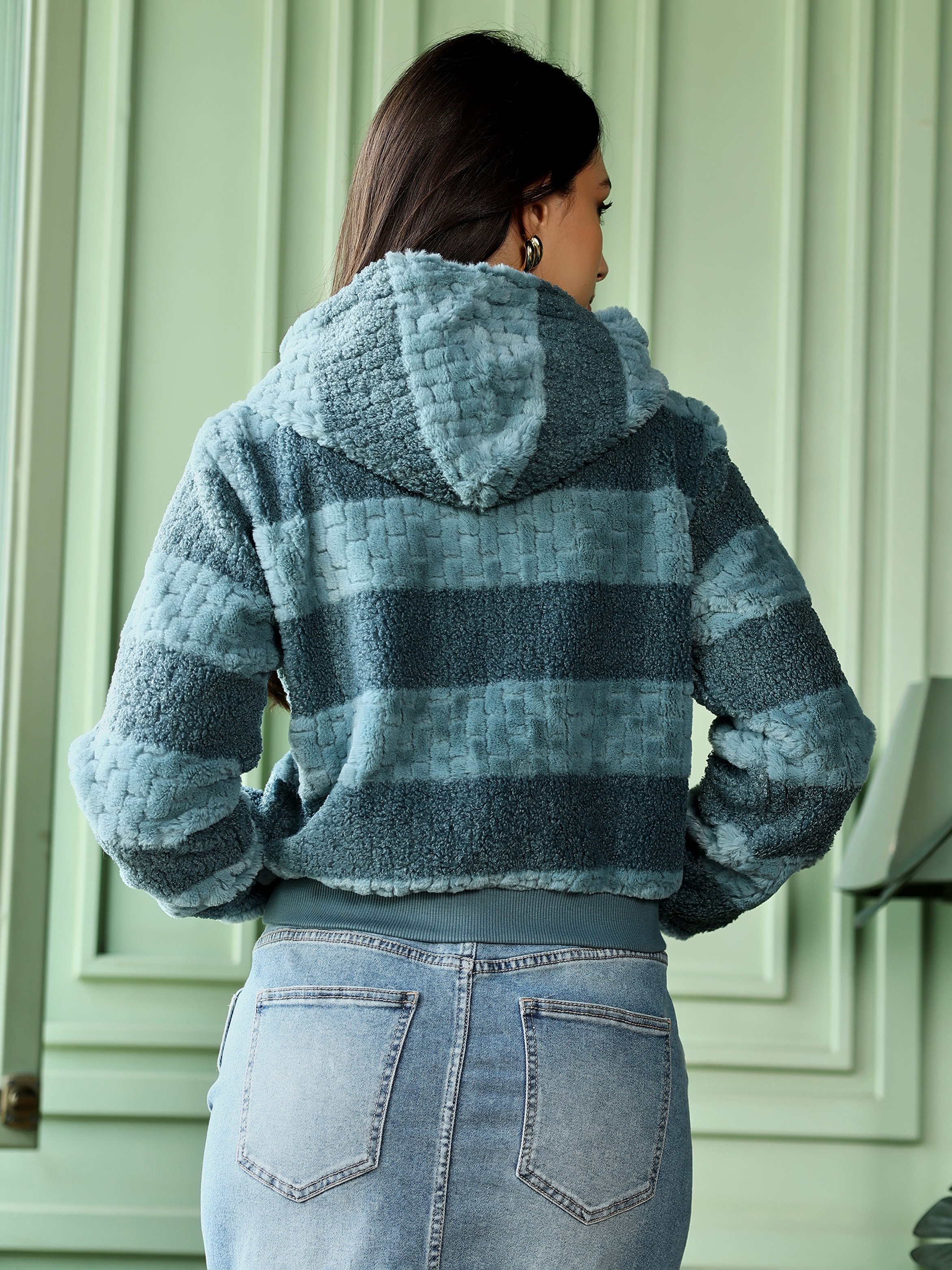 Aegean Blue Faux Fur-Panel Zip Front Hoodie