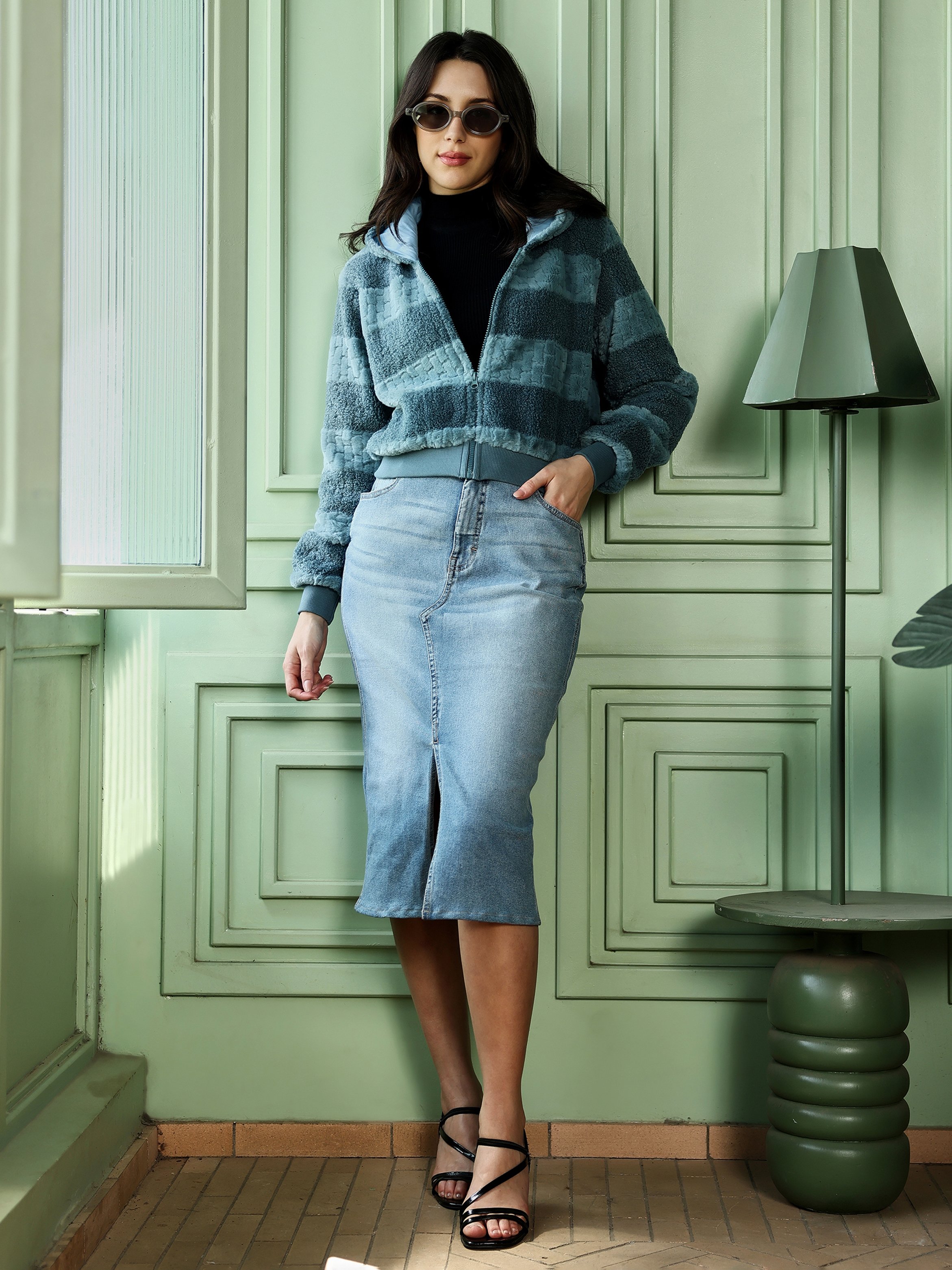 Aegean Blue Faux Fur-Panel Zip Front Hoodie