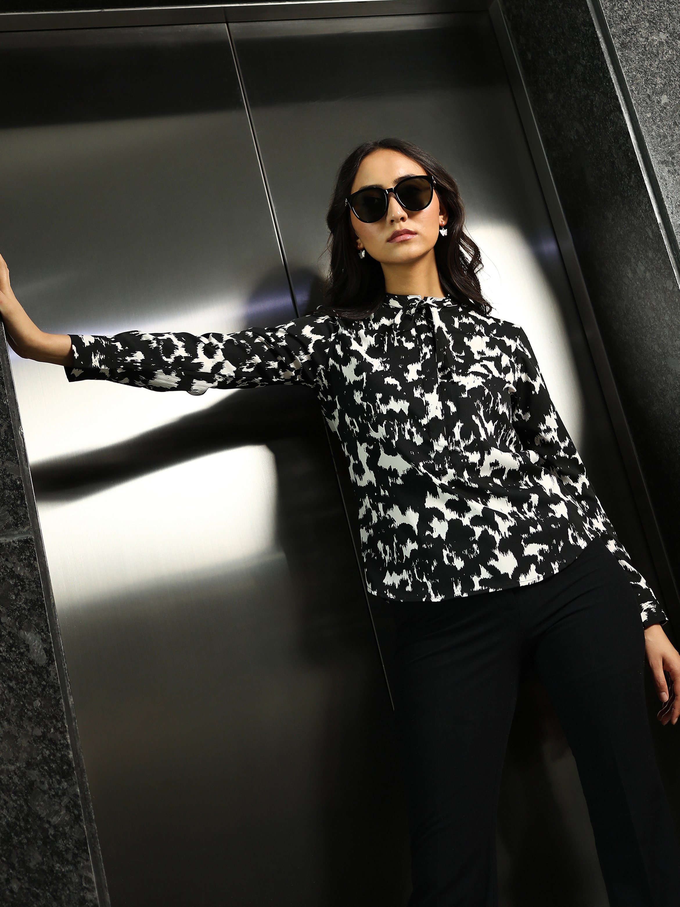 Onyx Black All Over Print Tie-Neck Top