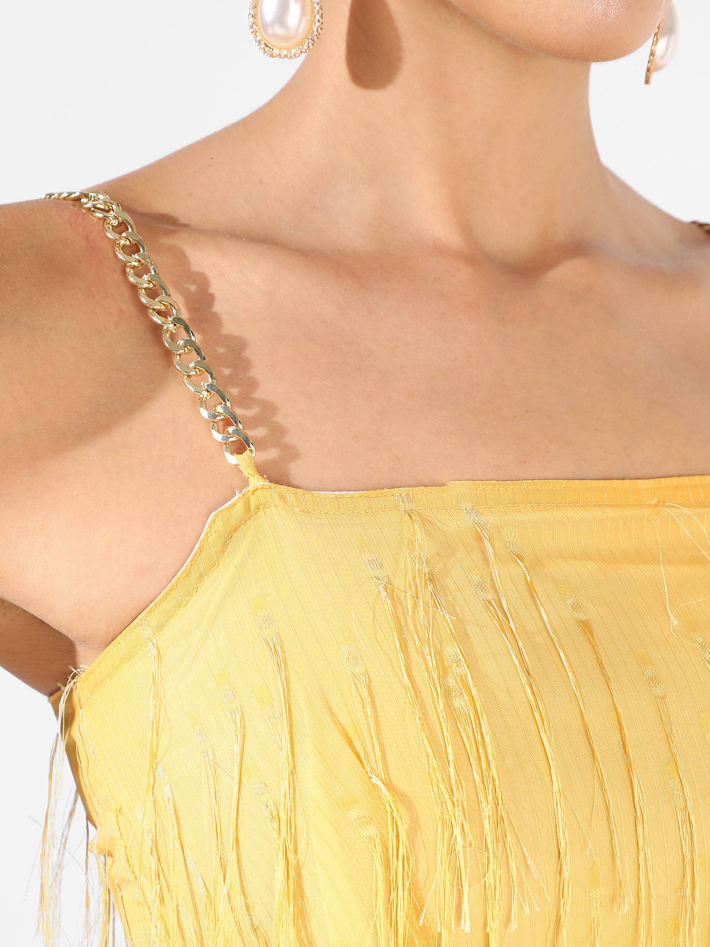 Lemon Yellow Fringe Mini Dress with Chain Strap