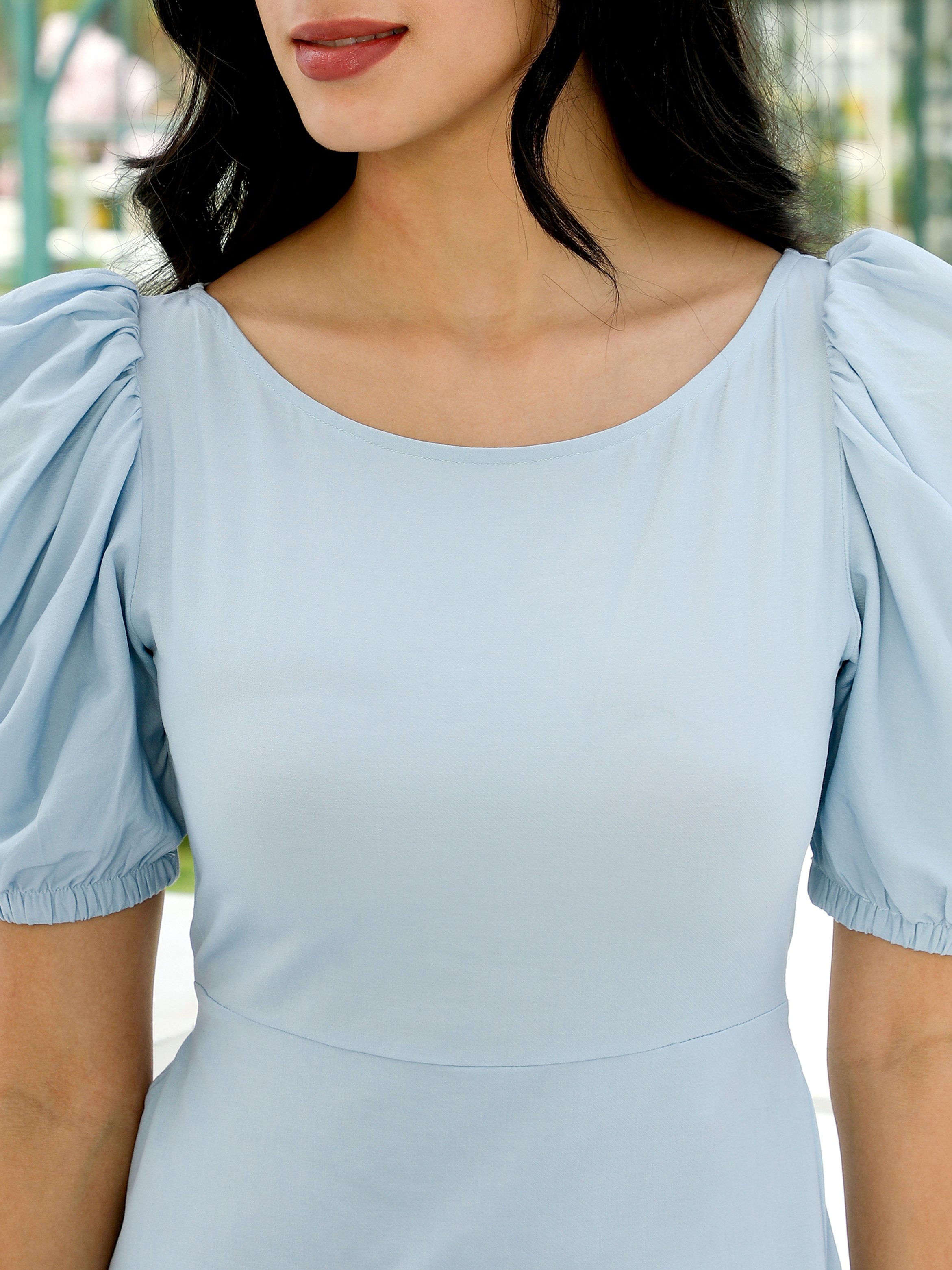 Misty Blue Solid Puff Sleeves Mini Dress