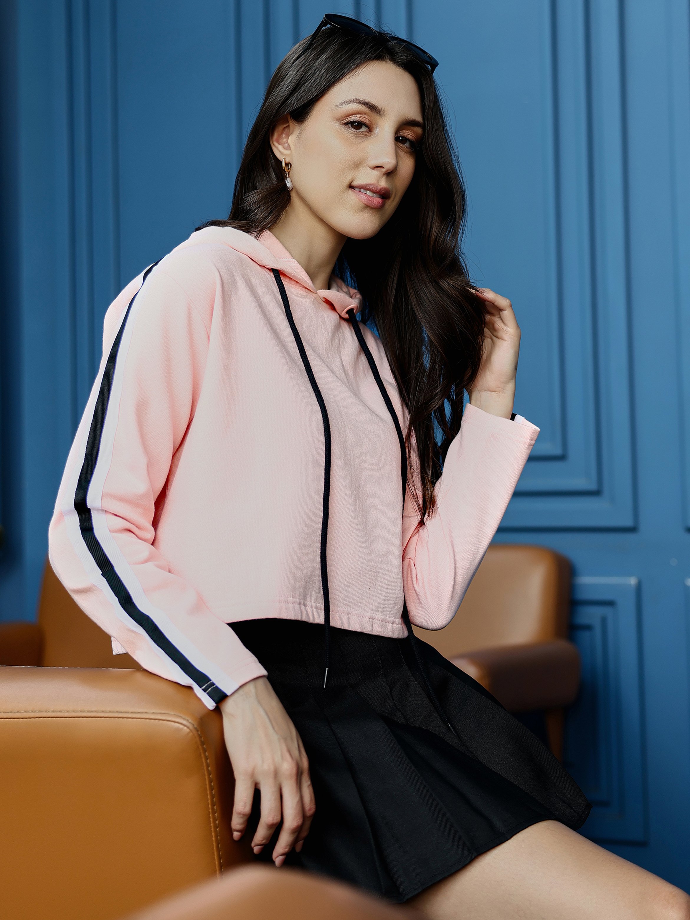 Baby Pink Side-Striped Crop Hoodie