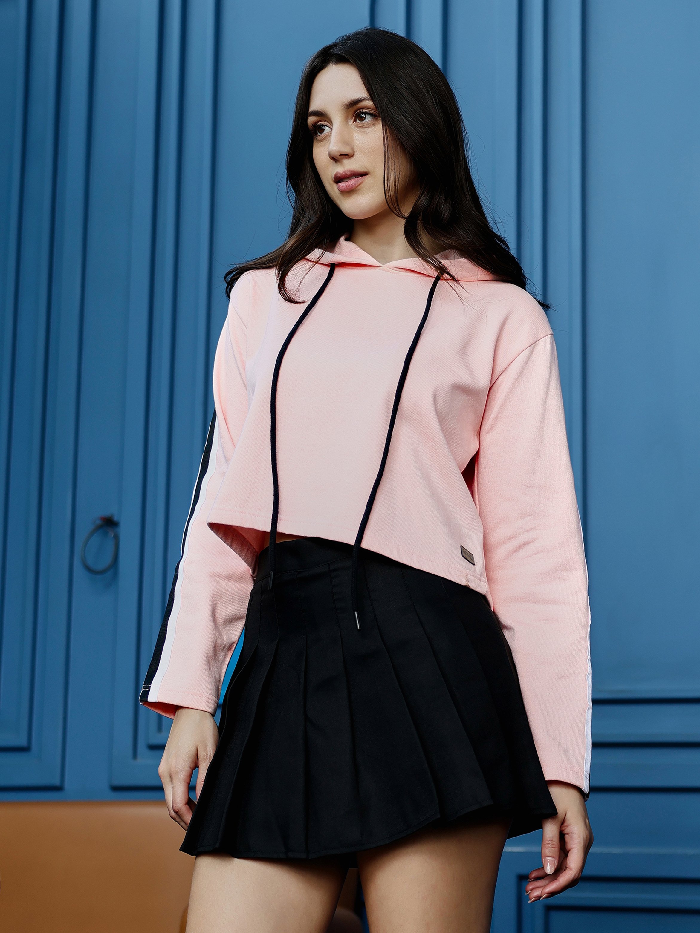 Baby Pink Side-Striped Crop Hoodie