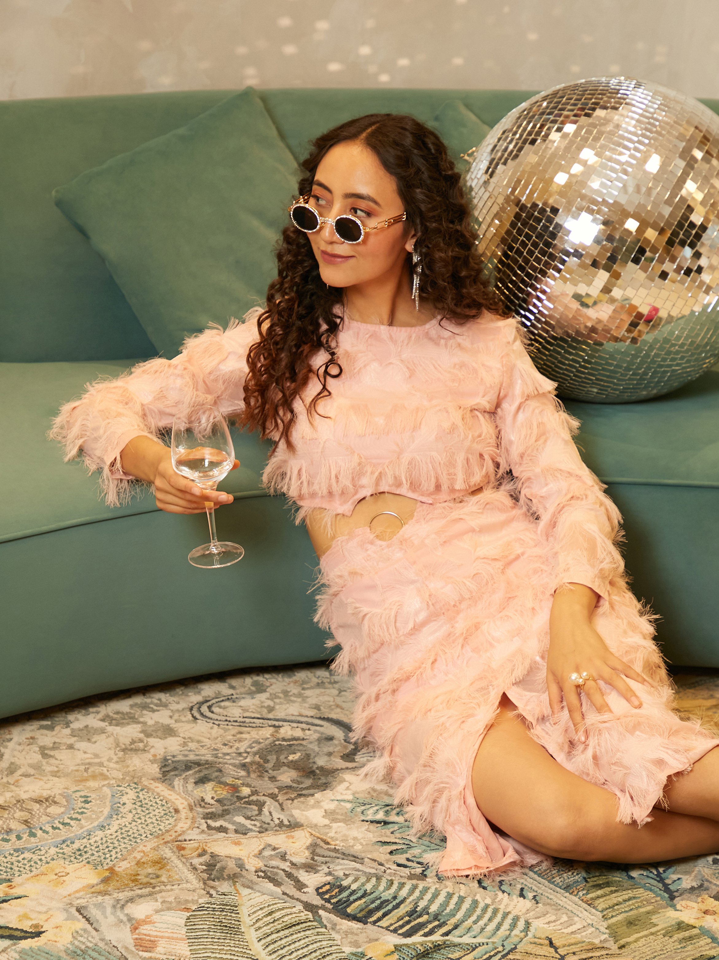 Pastel Pink Fringe Crop Top and Skirt Co-Ord Set