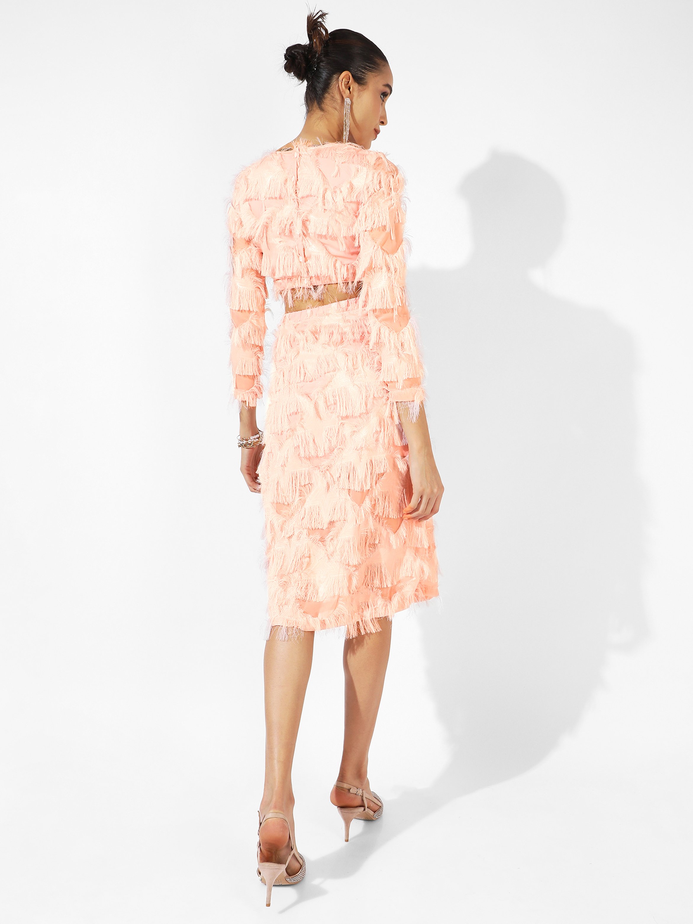 Pastel Pink Fringe Crop Top and Skirt Co-Ord Set