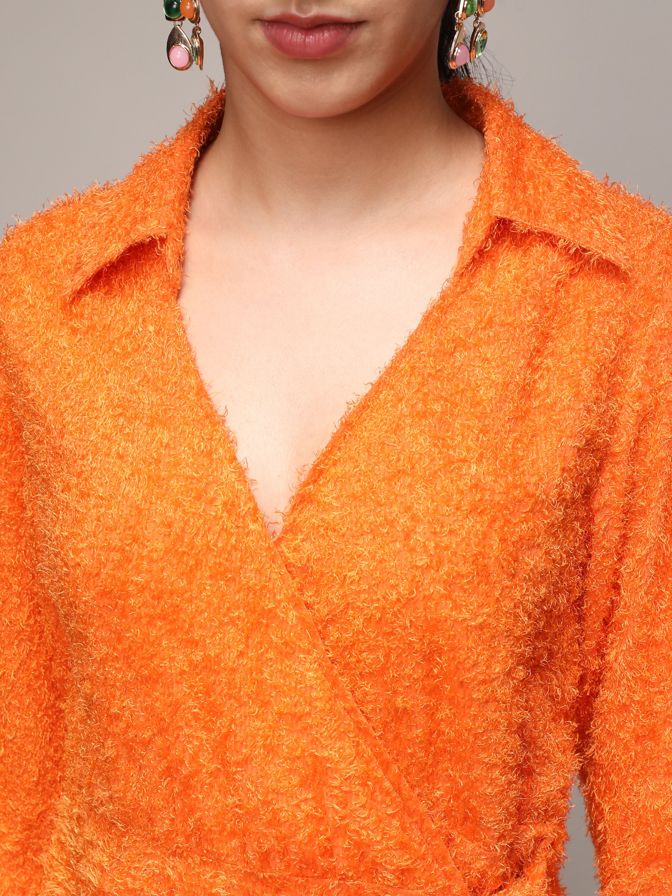 Pumpkin Orange Sherpa Wrap Mini Dress