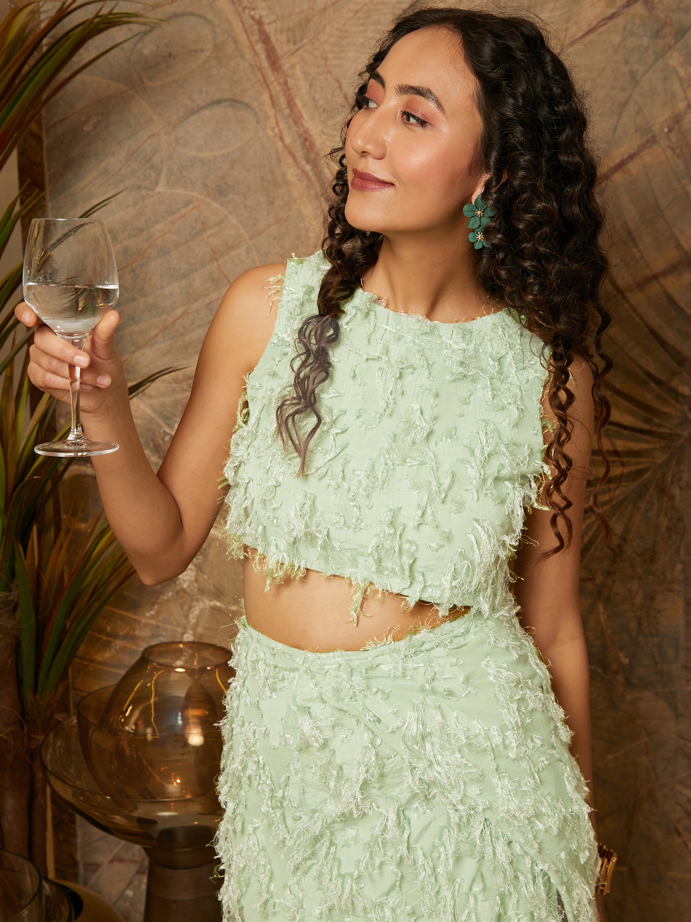 Sage Green Tassel Crop Top and Skirt Co-Ord Set