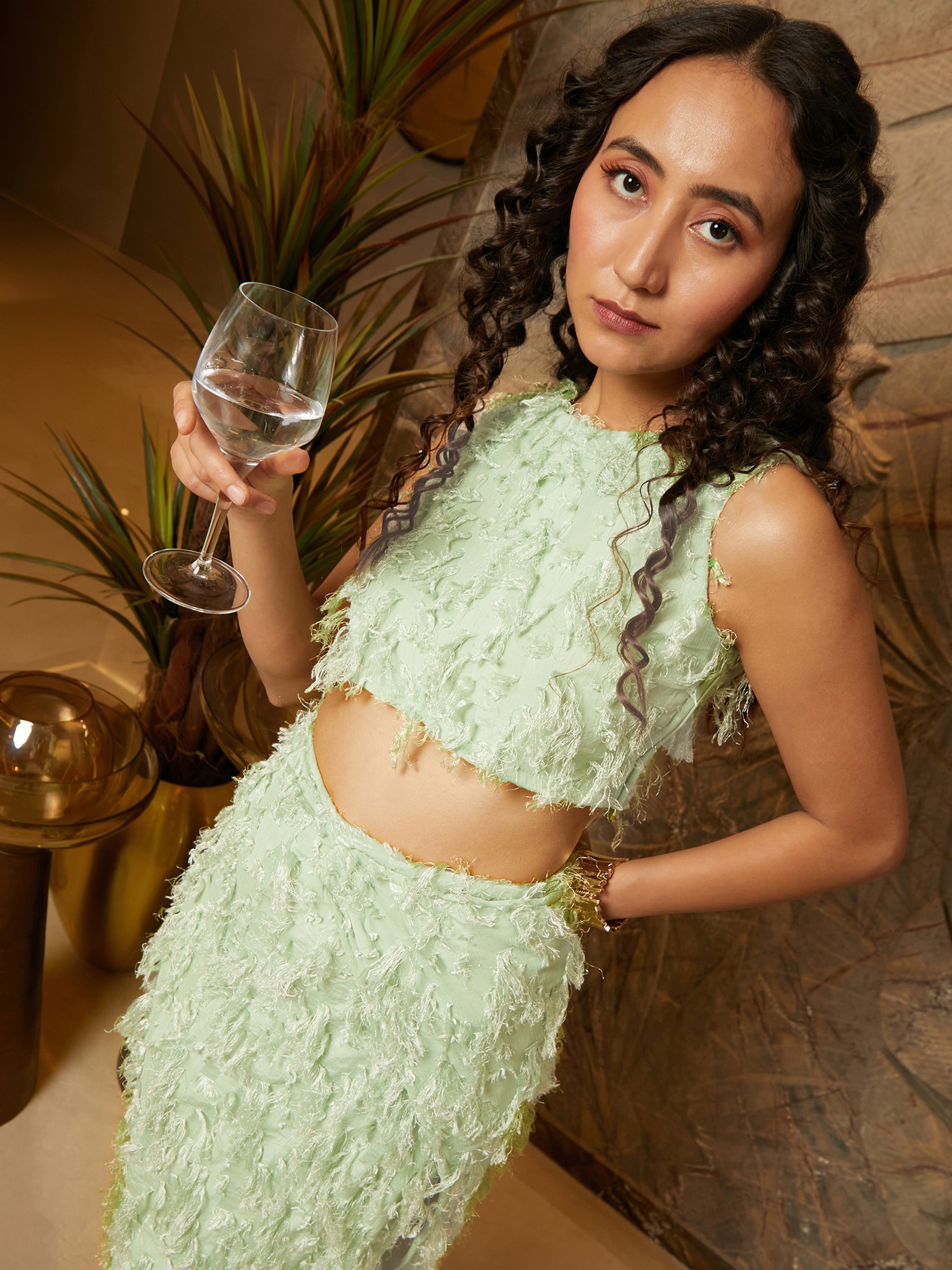 Sage Green Tassel Crop Top and Skirt Co-Ord Set