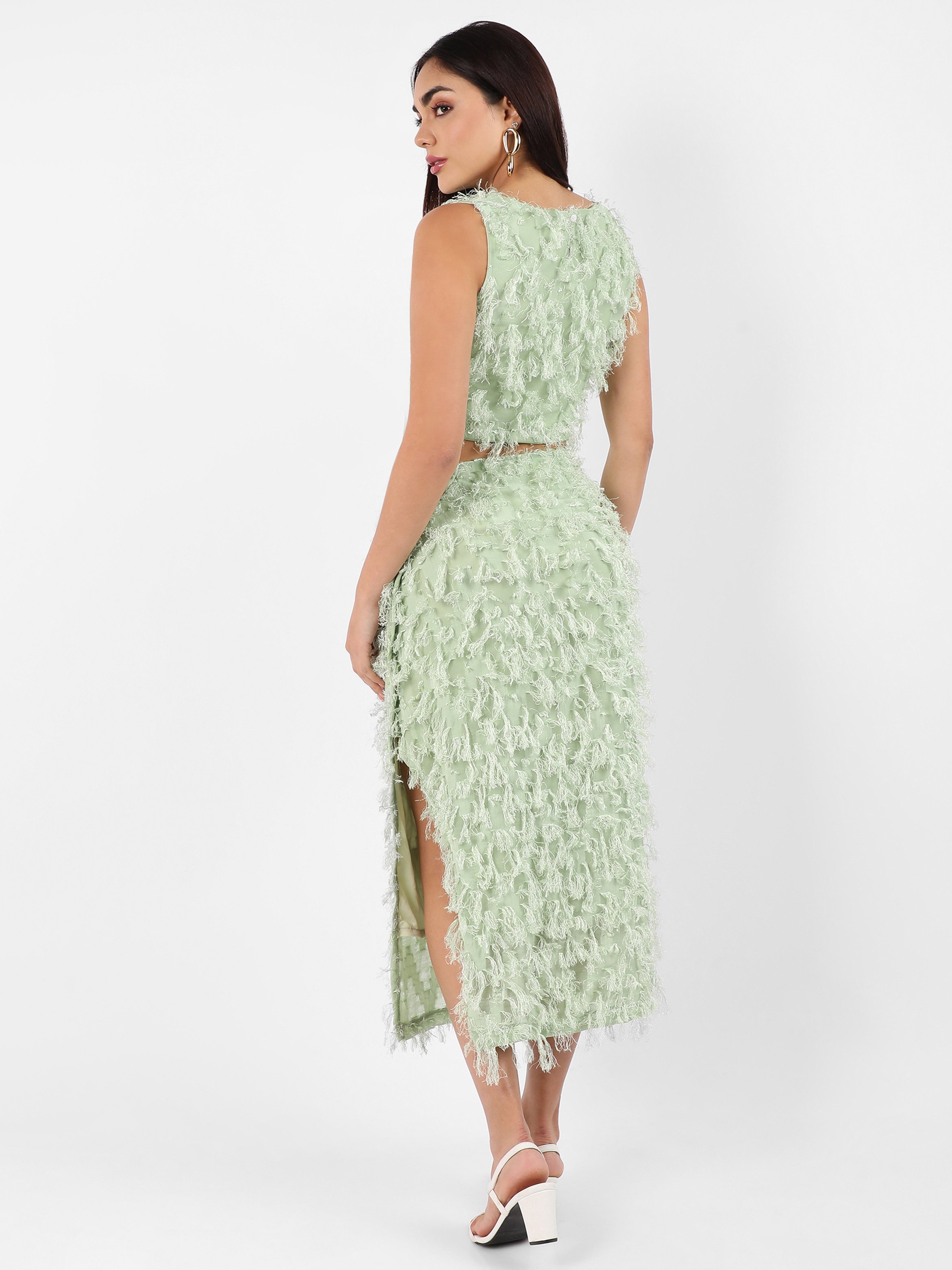 Sage Green Tassel Crop Top and Skirt Co-Ord Set