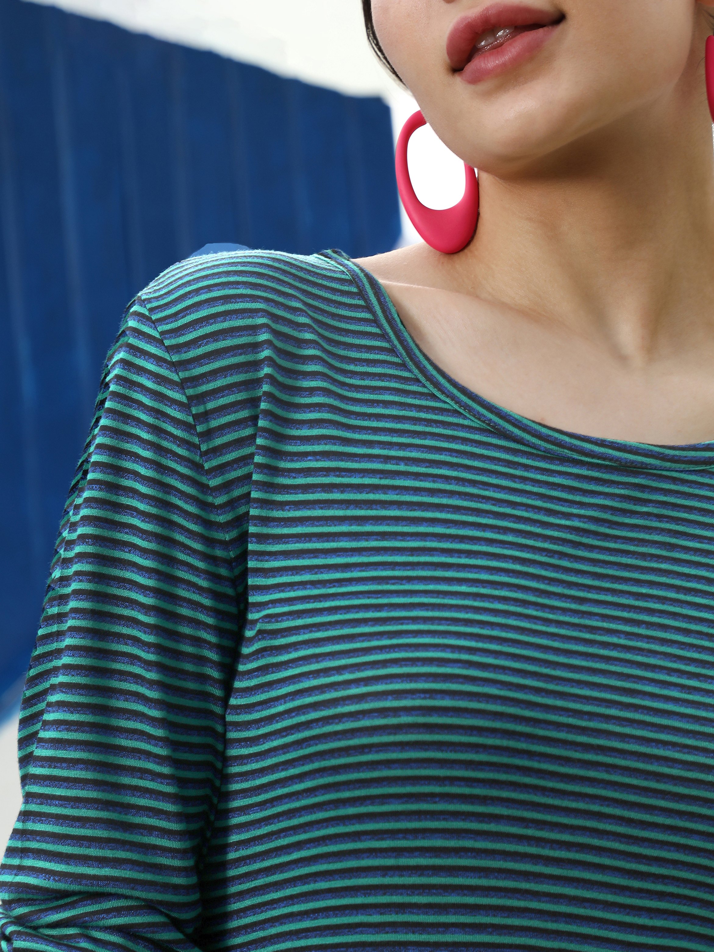 Emerald Green Striped Knee Length Dress