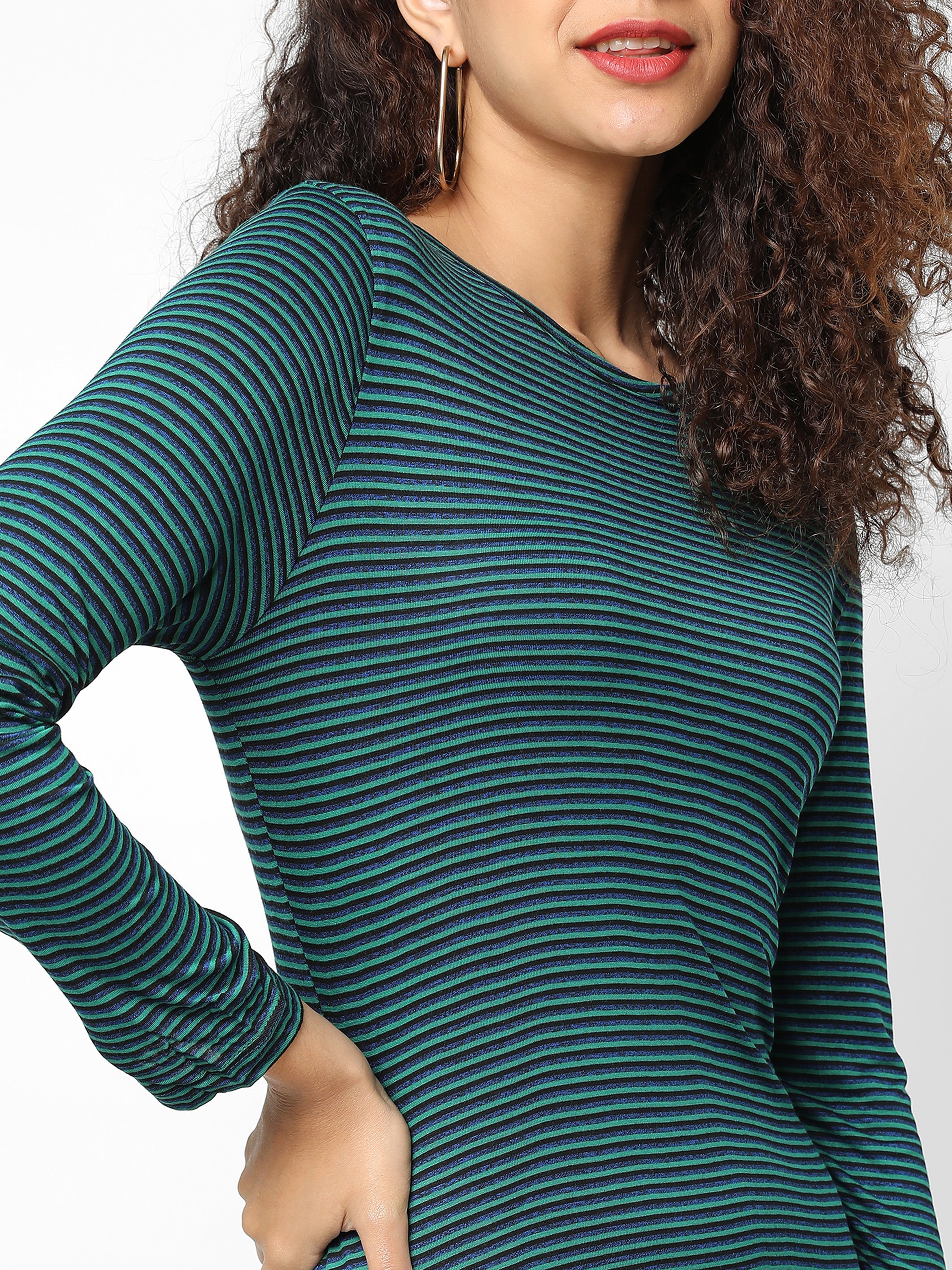 Emerald Green Striped Knee Length Dress
