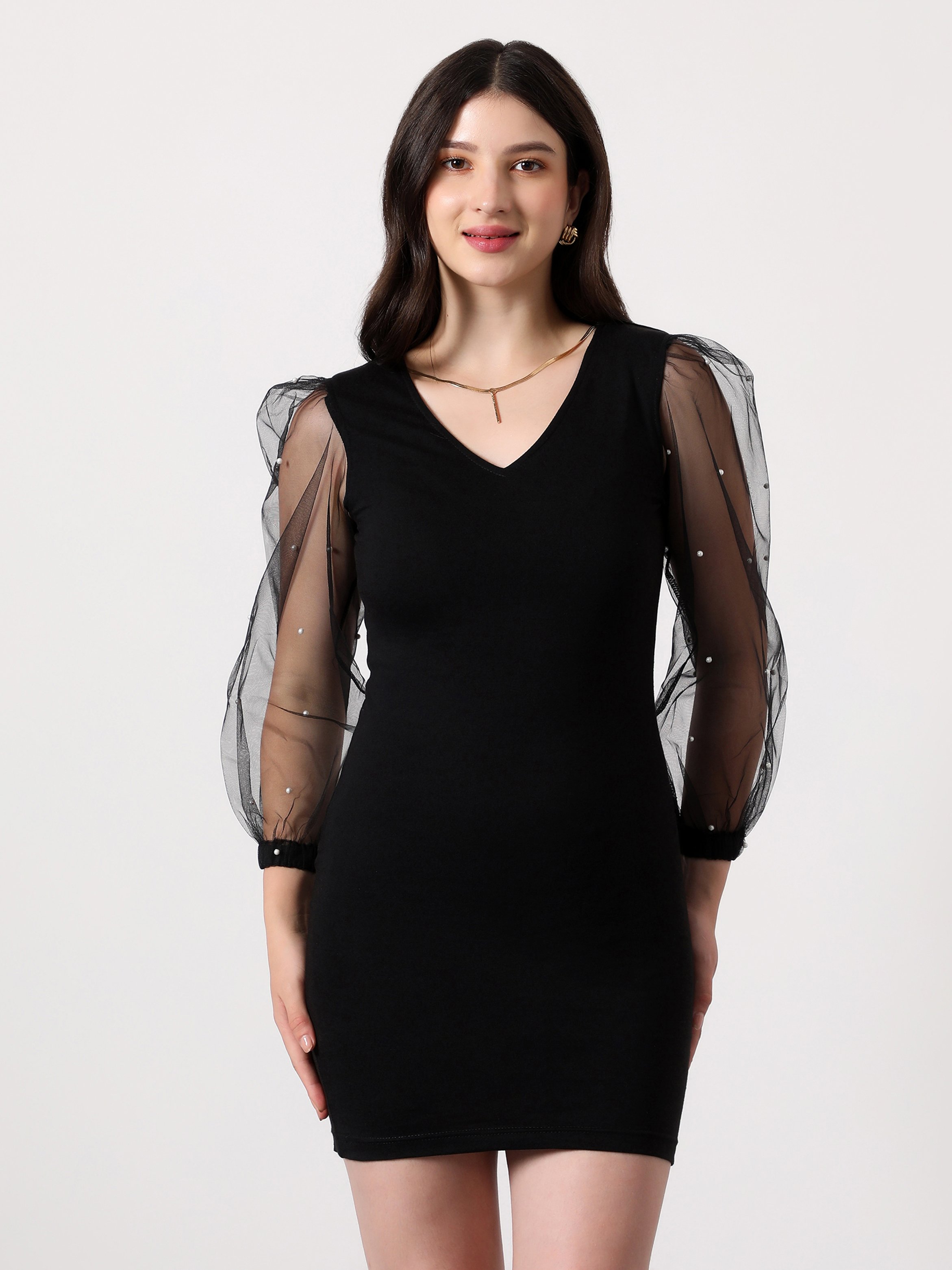 Onyx Black Embellished-Sheer Bodycon Mini Dress