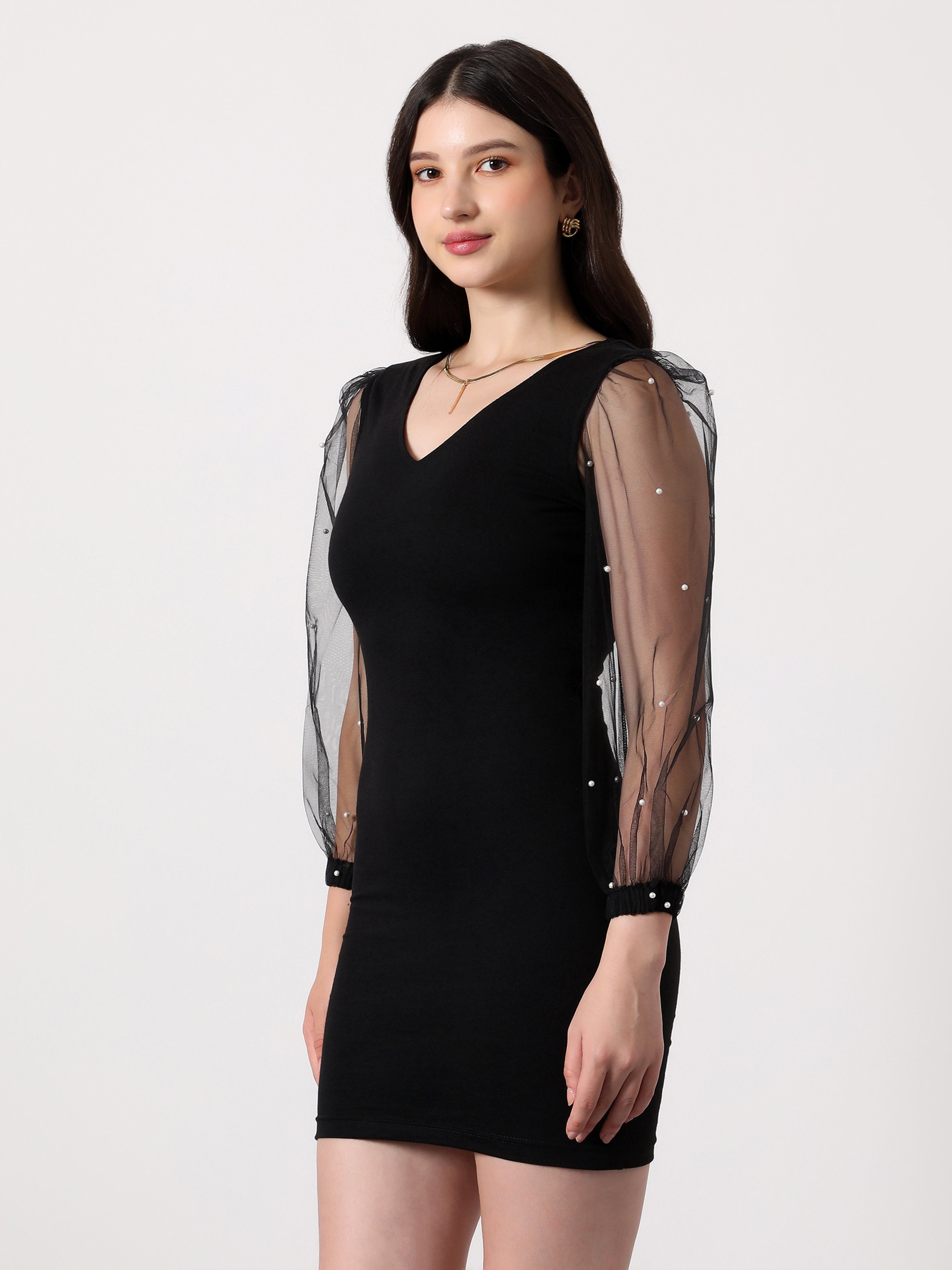 Onyx Black Embellished-Sheer Bodycon Mini Dress