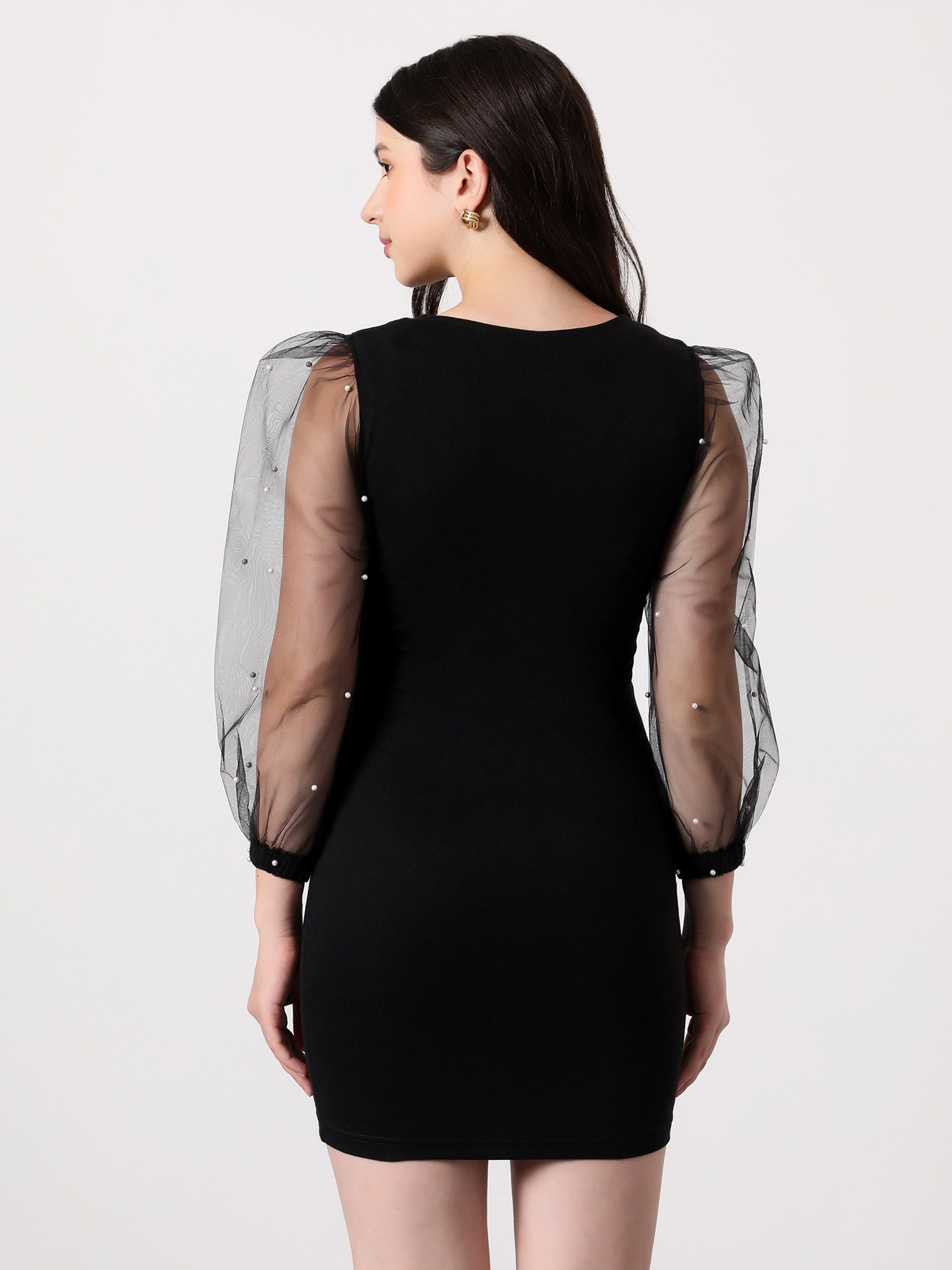 Onyx Black Embellished-Sheer Bodycon Mini Dress