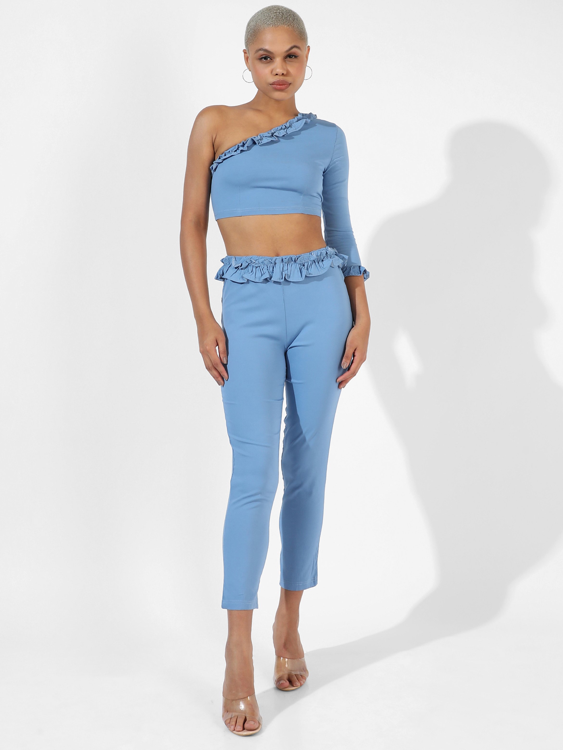 Blue Ruffle-Lined Crop Top and Pants Co-Ord Set