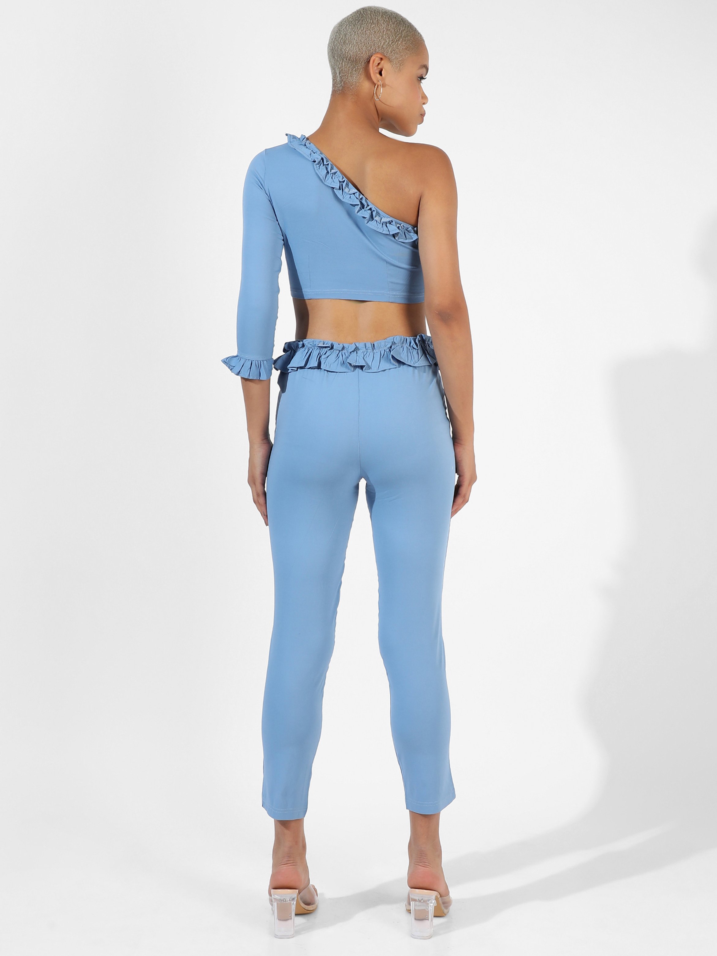Blue Ruffle-Lined Crop Top and Pants Co-Ord Set