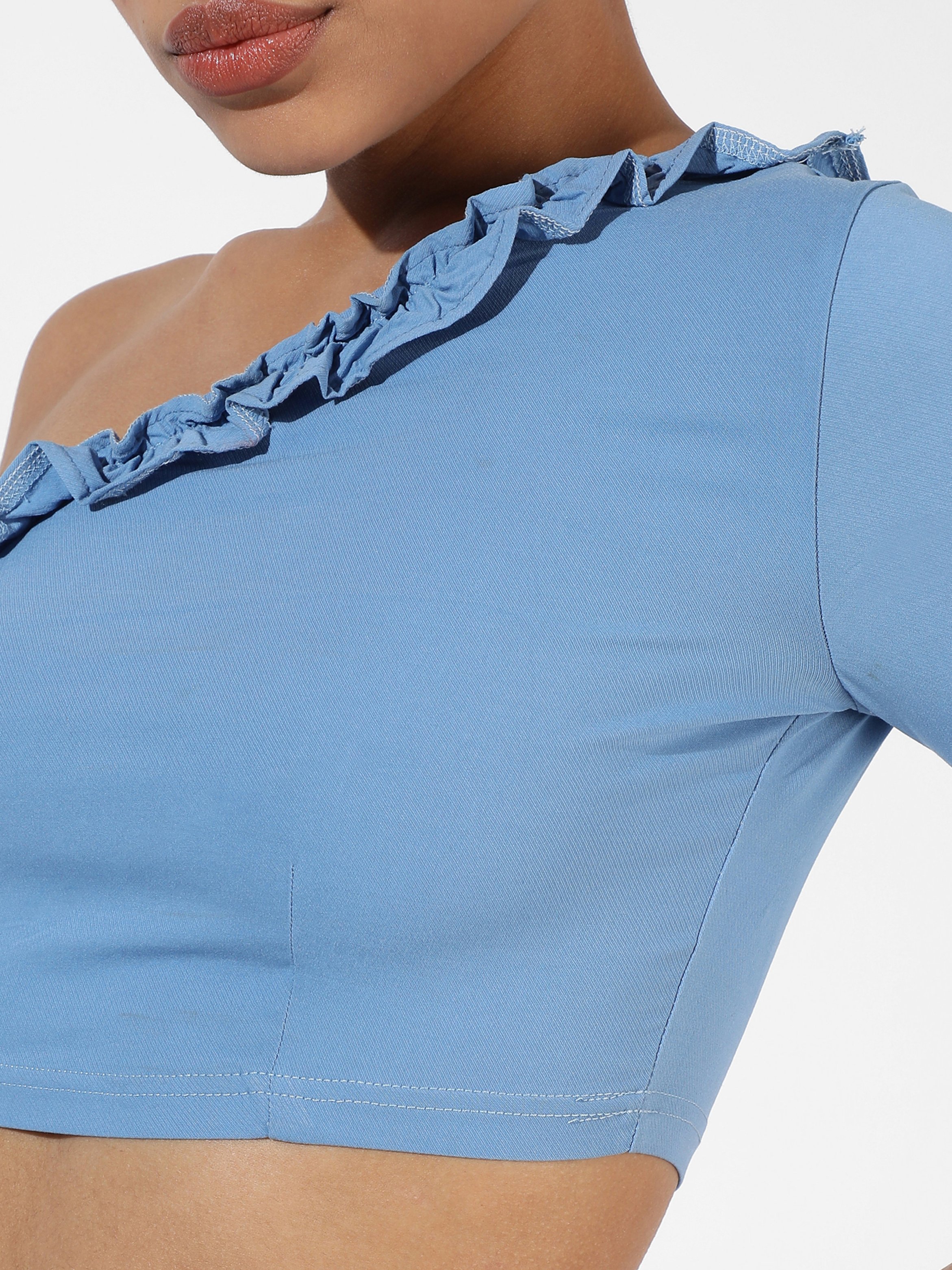 Blue Ruffle-Lined Crop Top and Pants Co-Ord Set