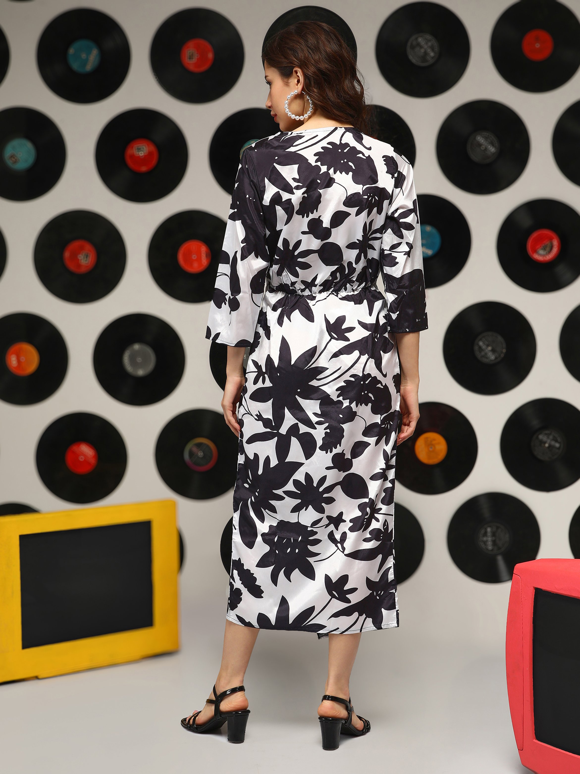 Contrast Print Wrap Front Midi Dress