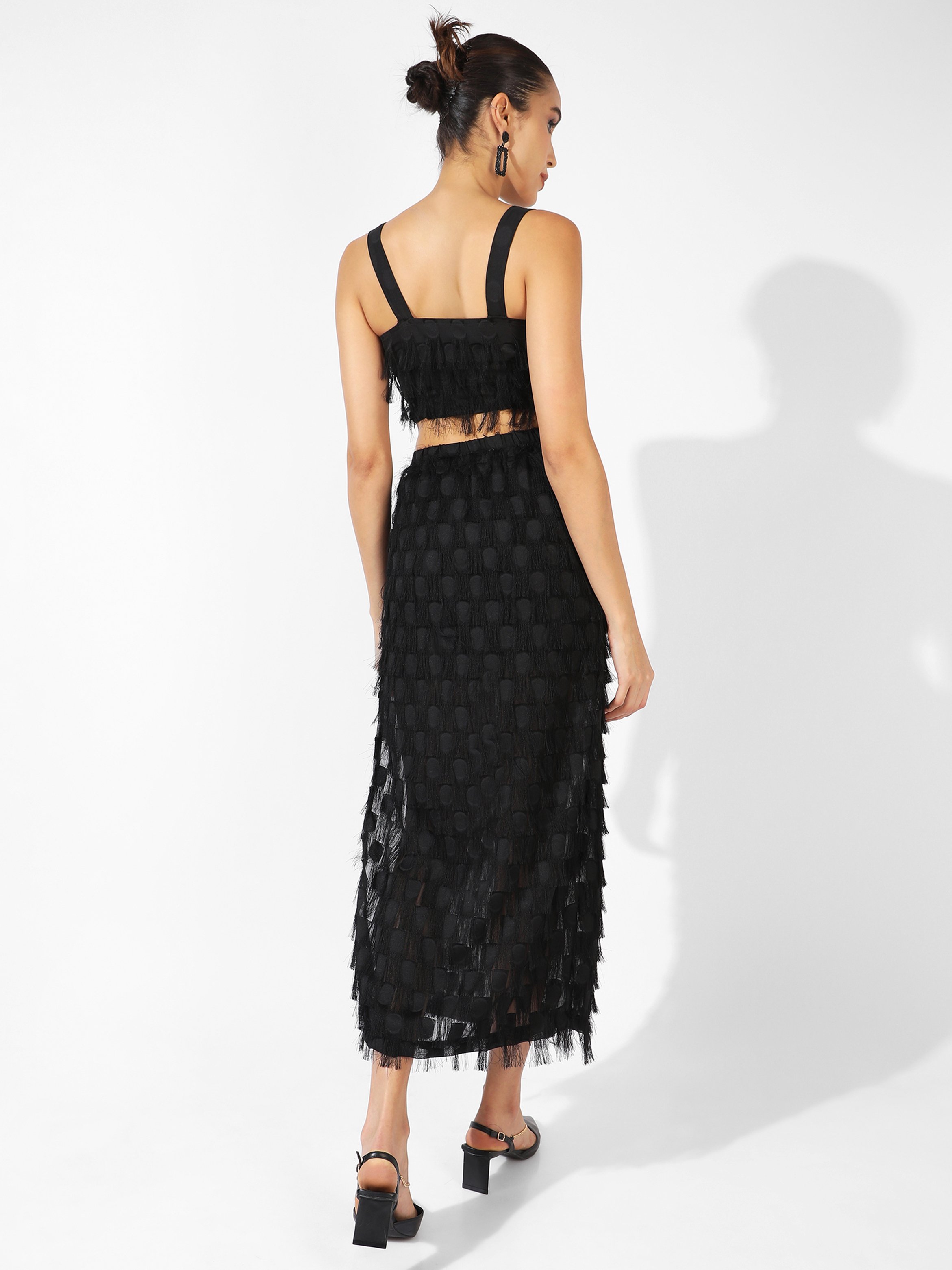 Midnight Black Fringe Crop Top and Skirt Co-Ord Set