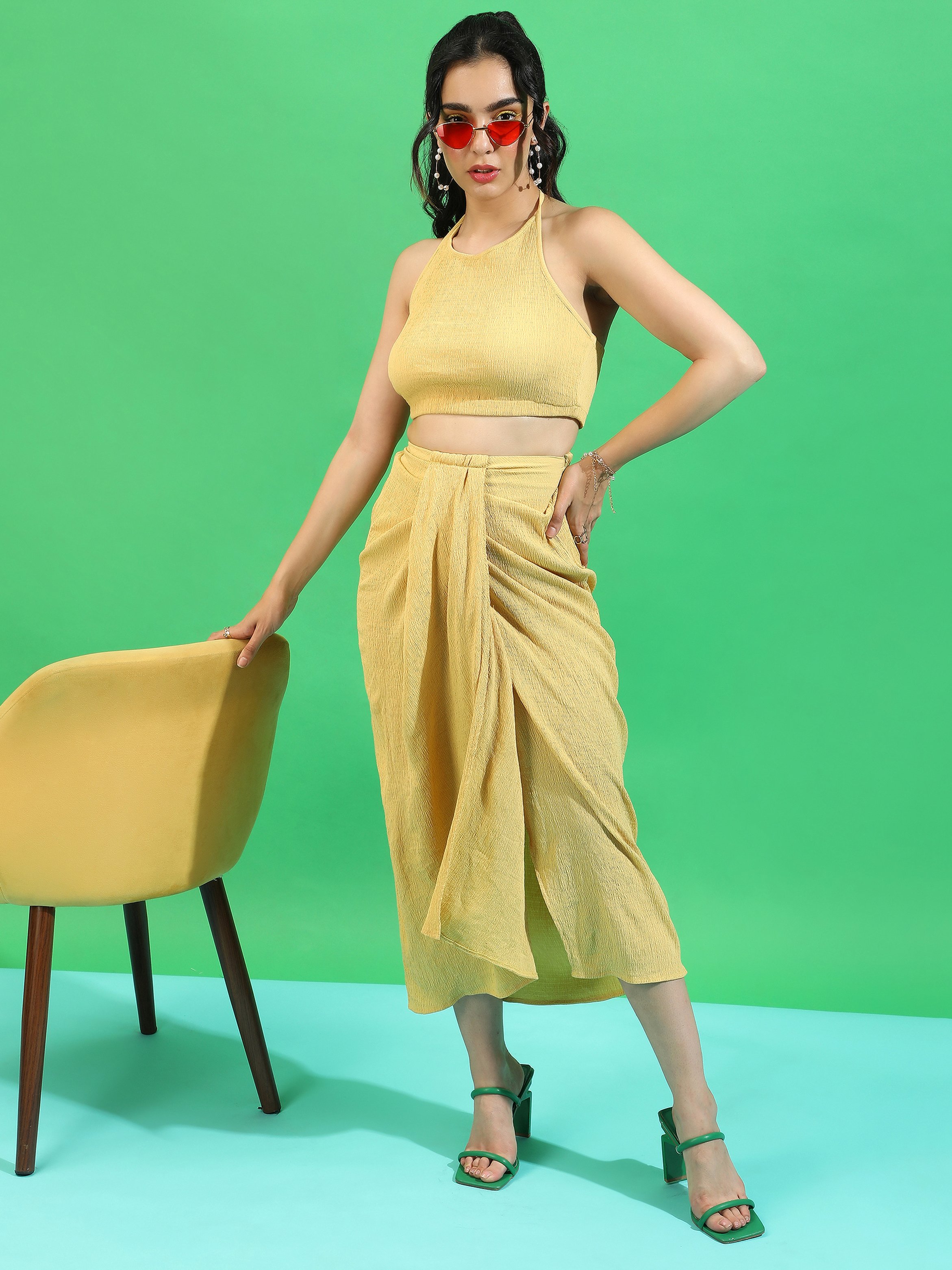 Yellow Ochre Draped Crop Top and Skirt Co-Ord Set
