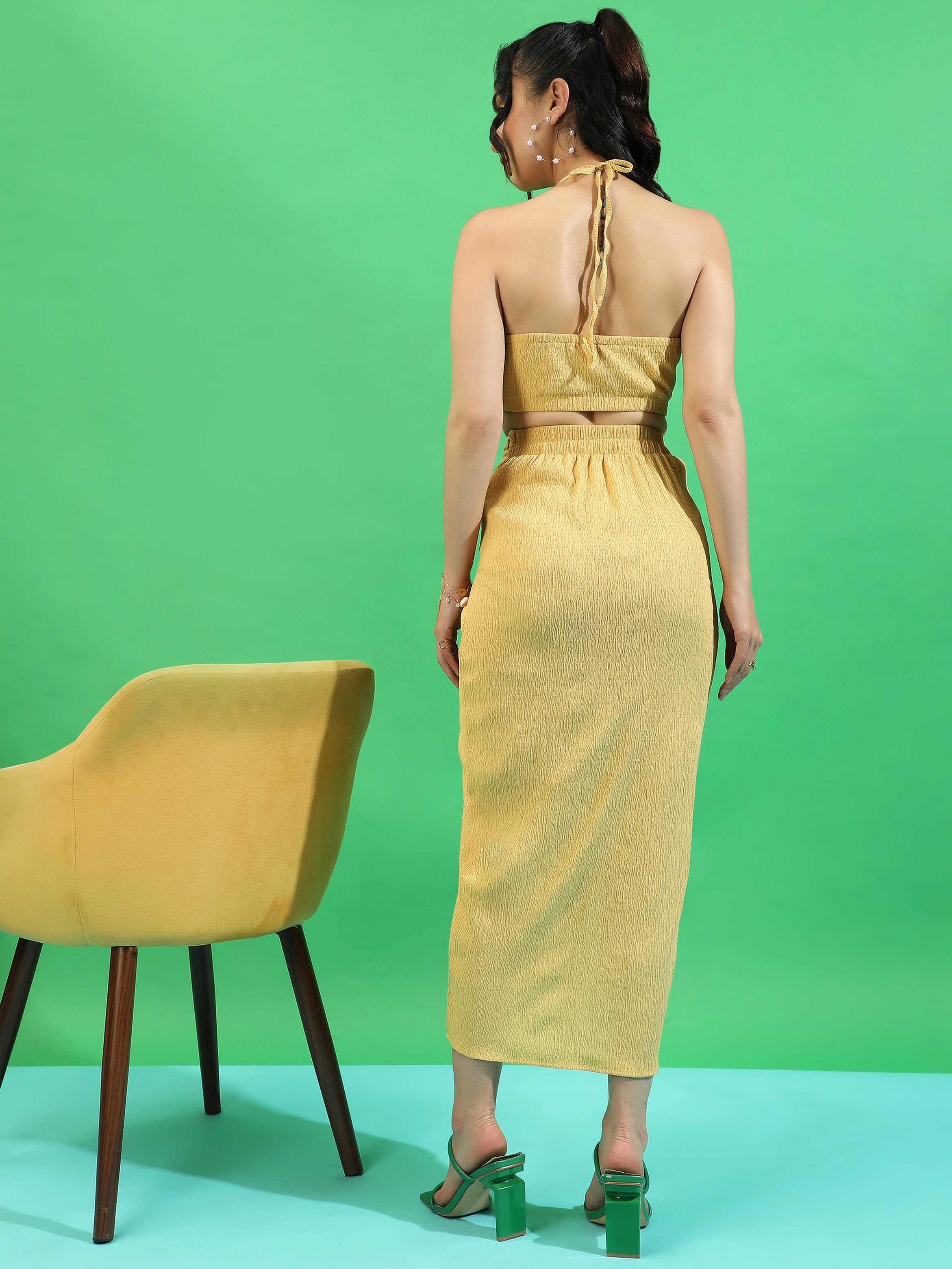 Yellow Ochre Draped Crop Top and Skirt Co-Ord Set
