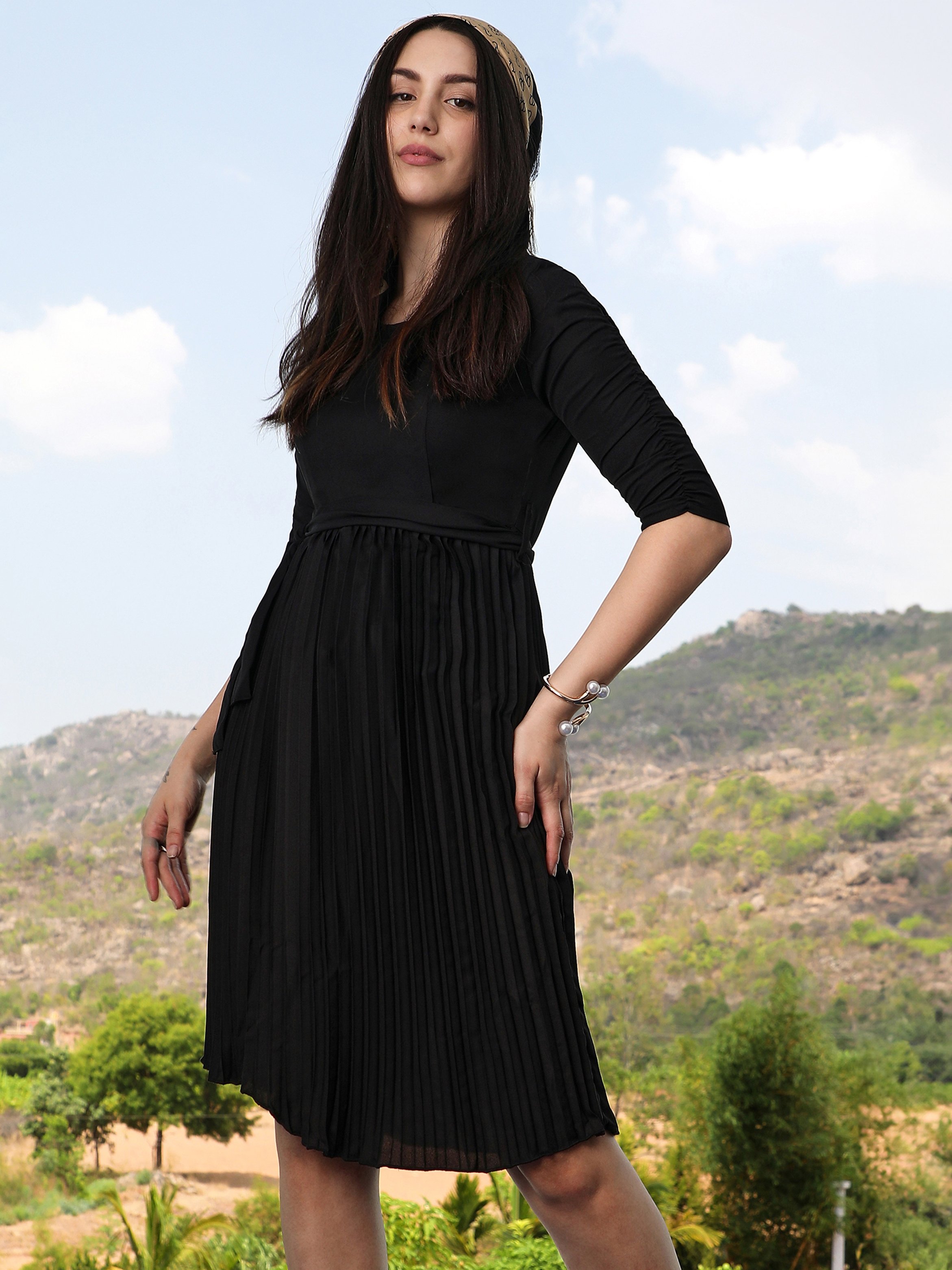 Jet Black Pleated Tie-Waist Knee Length Dress