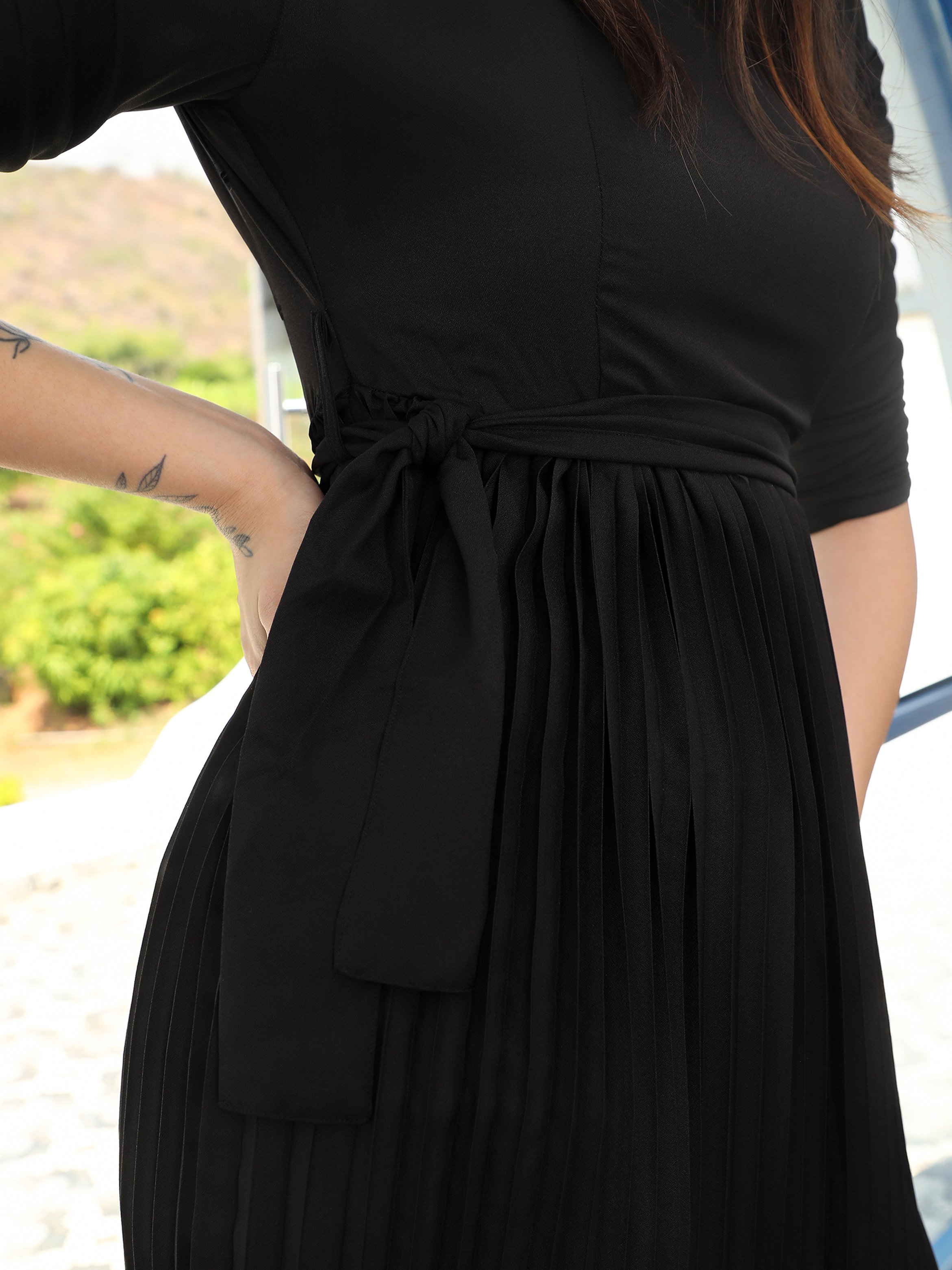 Jet Black Pleated Tie-Waist Knee Length Dress