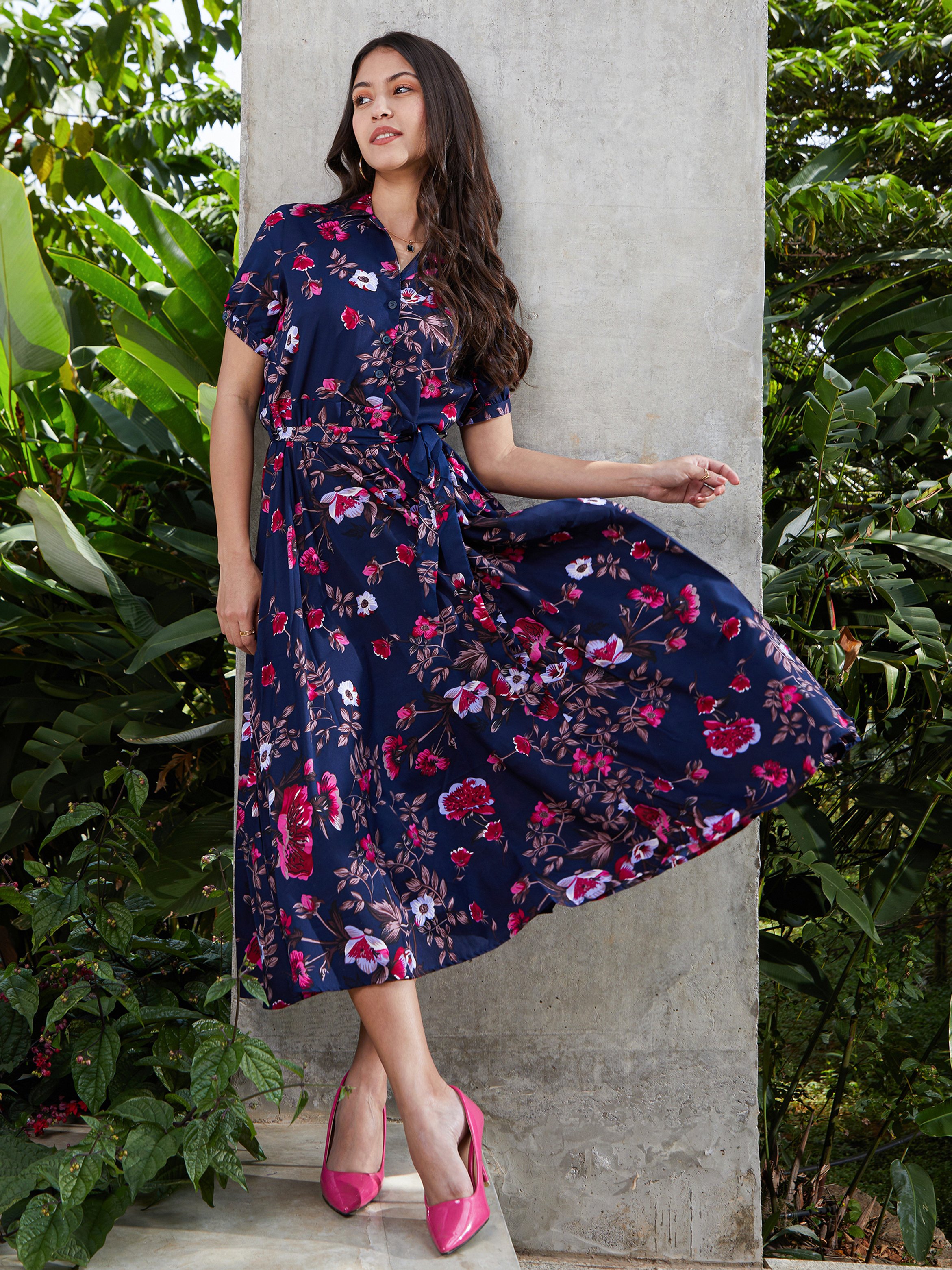 Navy Blue Floral Print A-Line Midi Dress