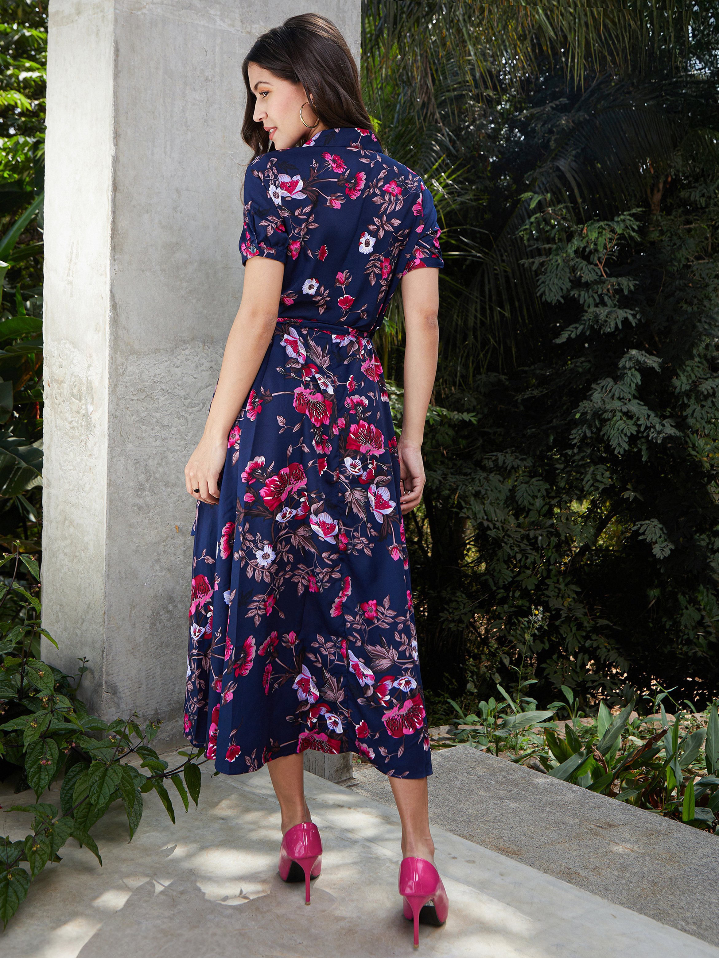 Navy Blue Floral Print A-Line Midi Dress