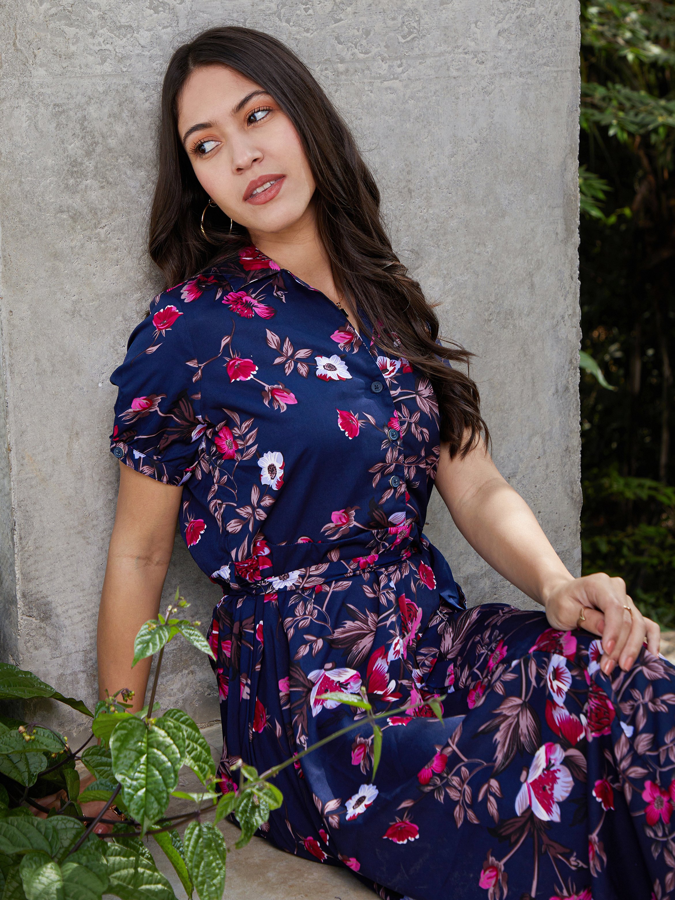 Navy Blue Floral Print A-Line Midi Dress