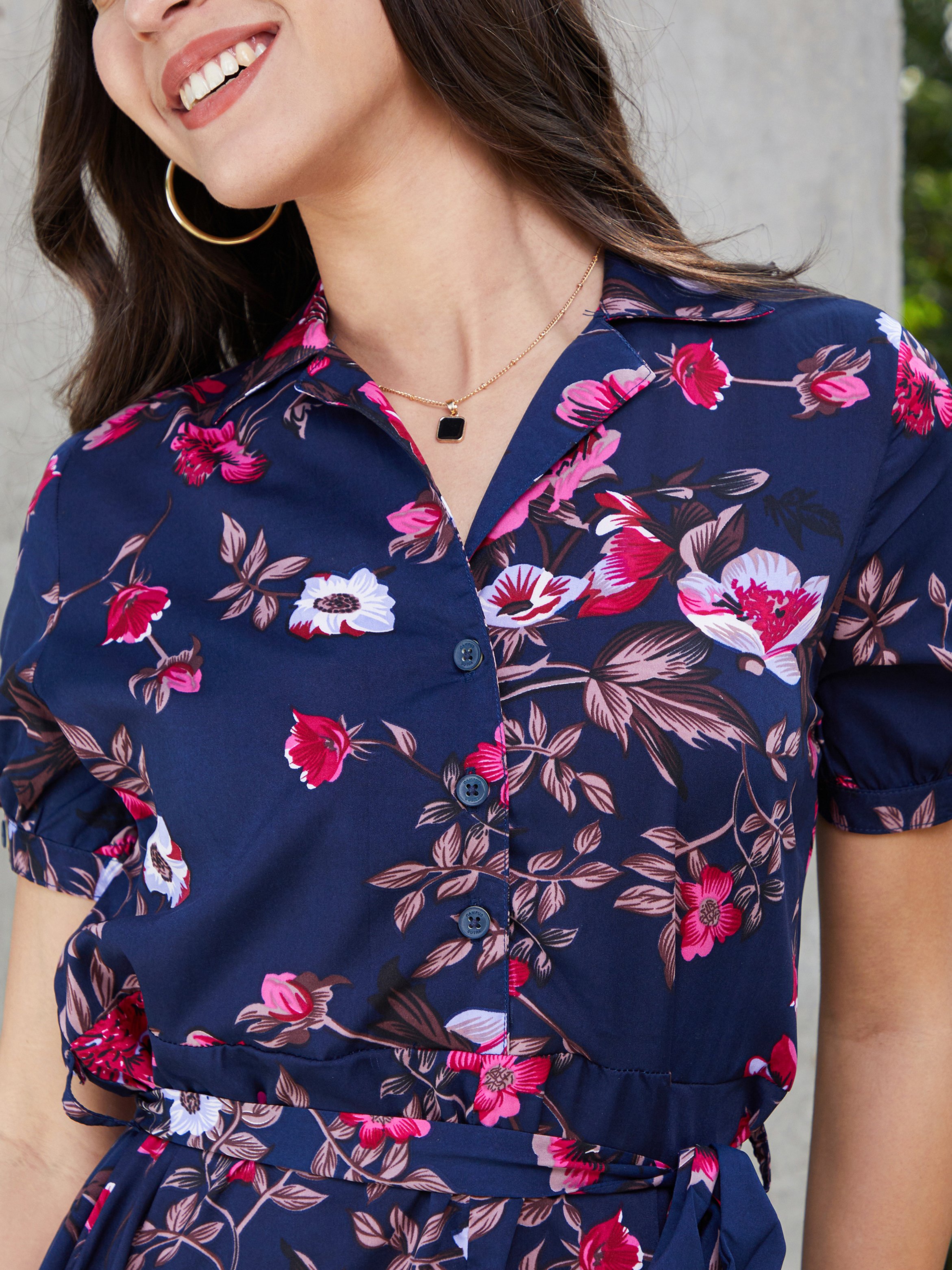 Navy Blue Floral Print A-Line Midi Dress