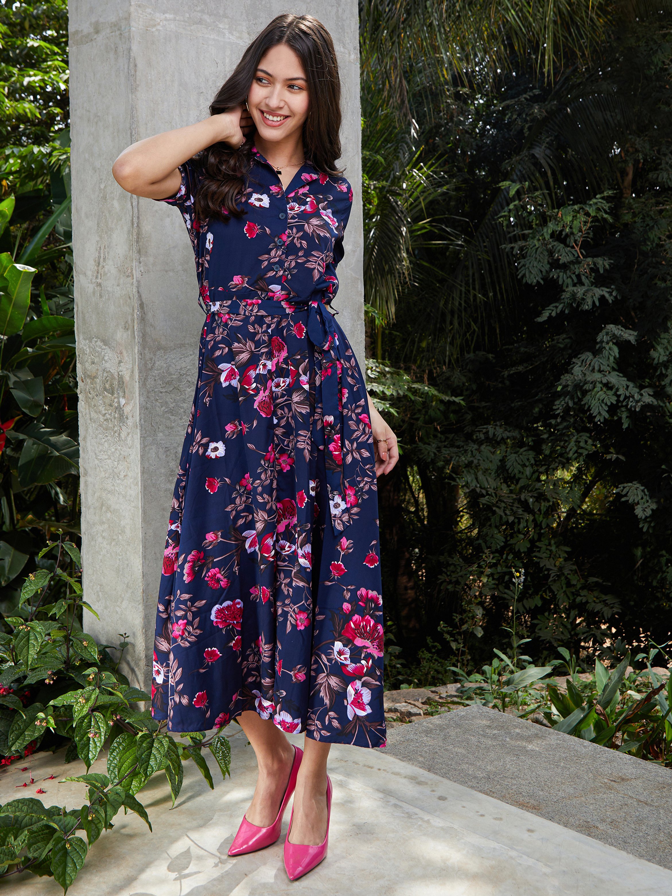 Navy Blue Floral Print A-Line Midi Dress