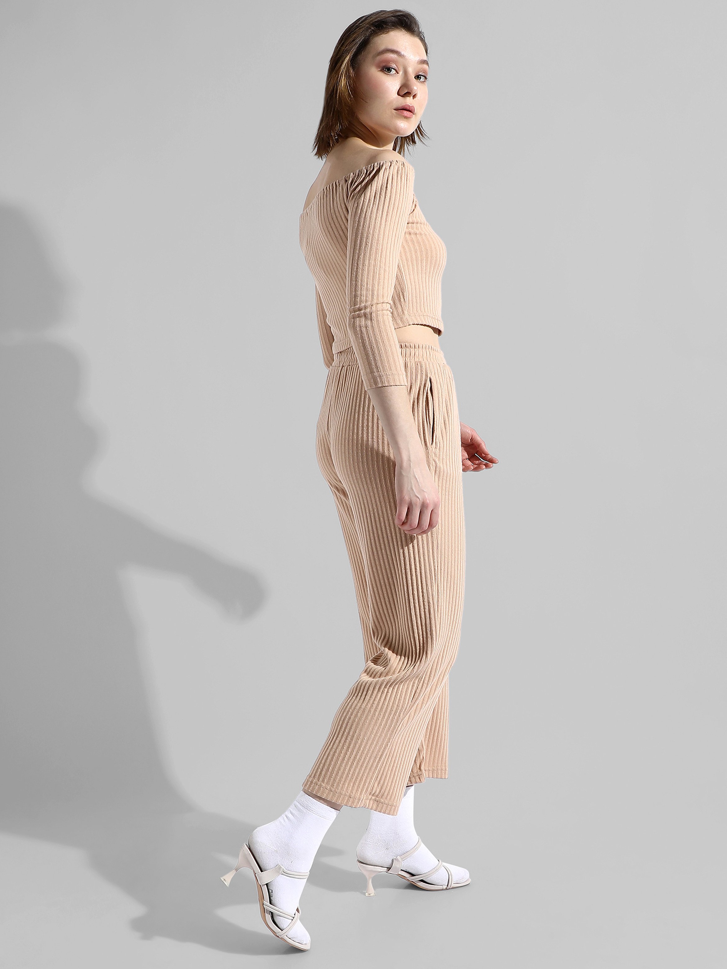 Beige Ribbed Crop Top and Pants Co-Ord Set