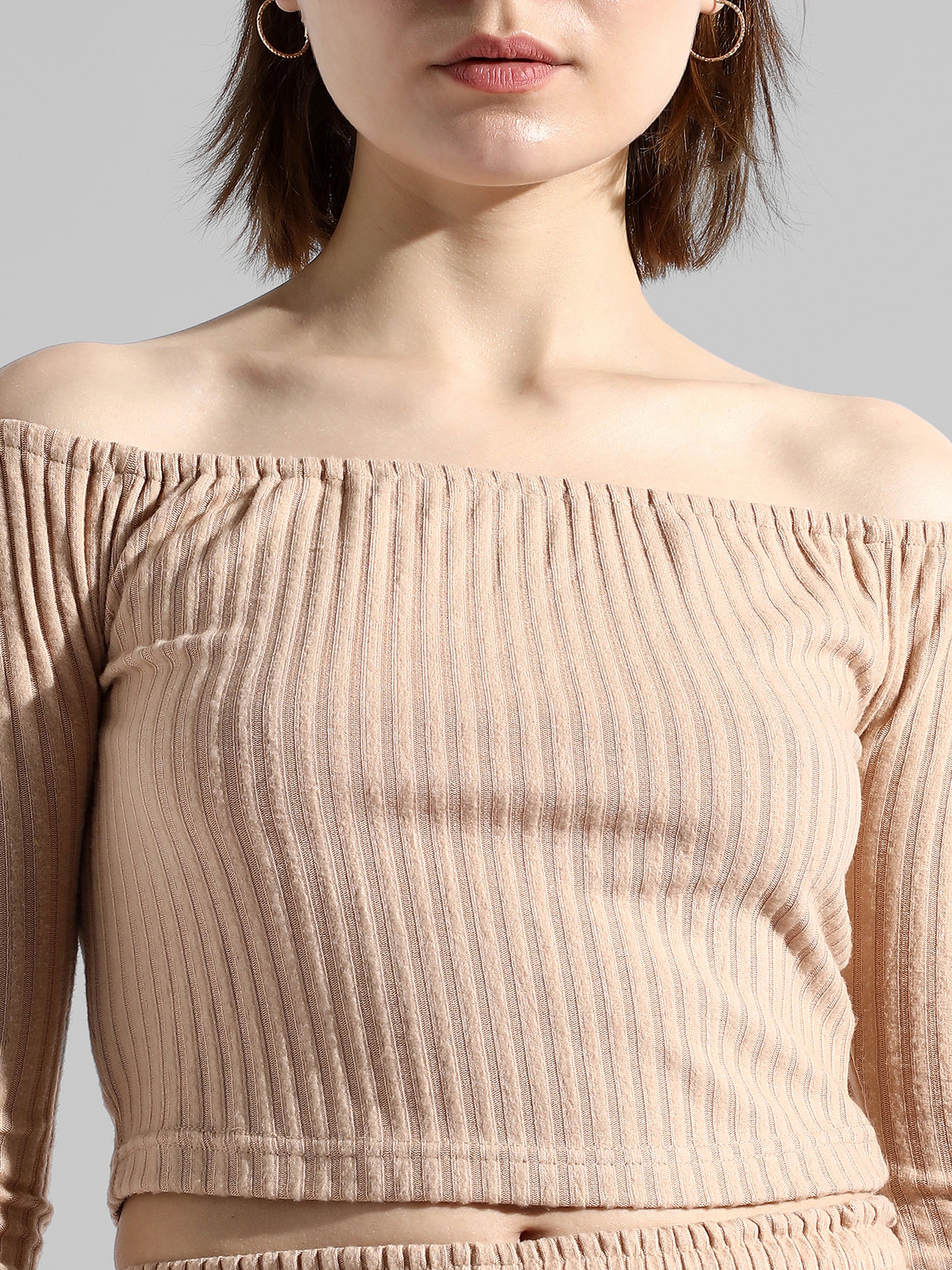 Beige Ribbed Crop Top and Pants Co-Ord Set