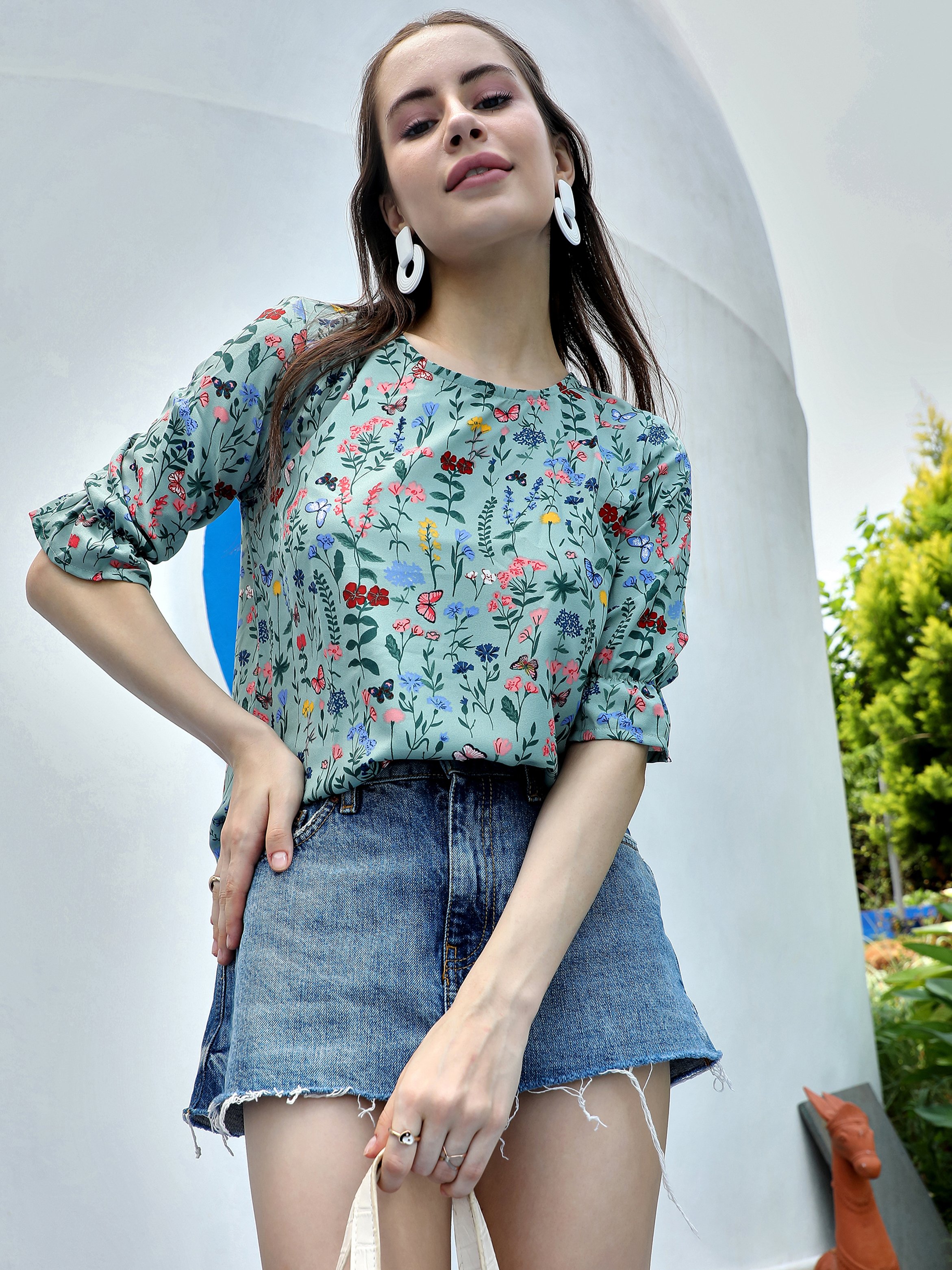 Green Floral Print Top