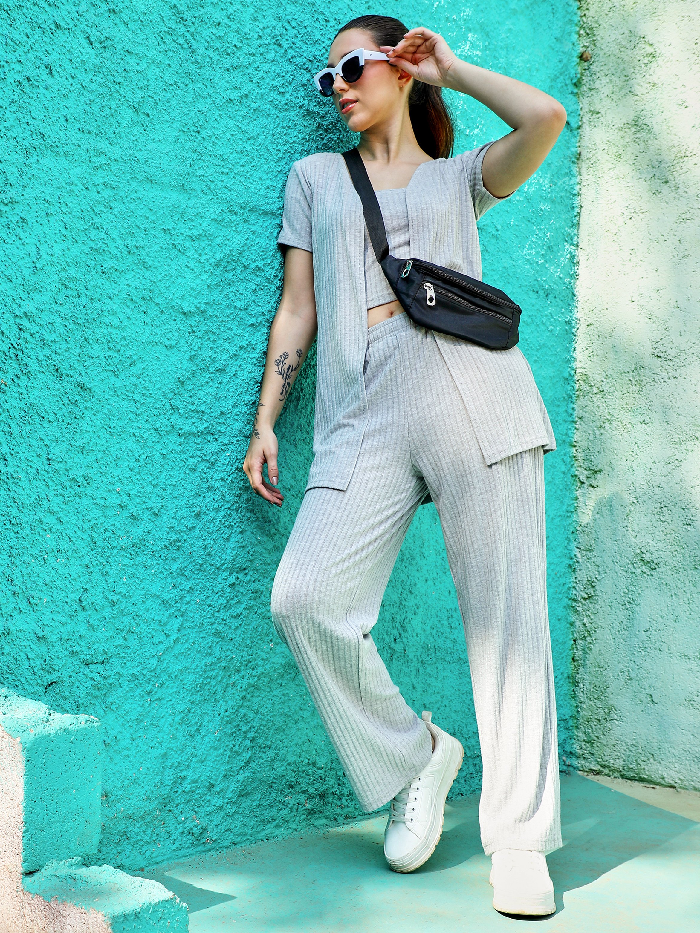 Grey 3-Piece Ribbed Top, Cardigan and Pants Co-Ord Set