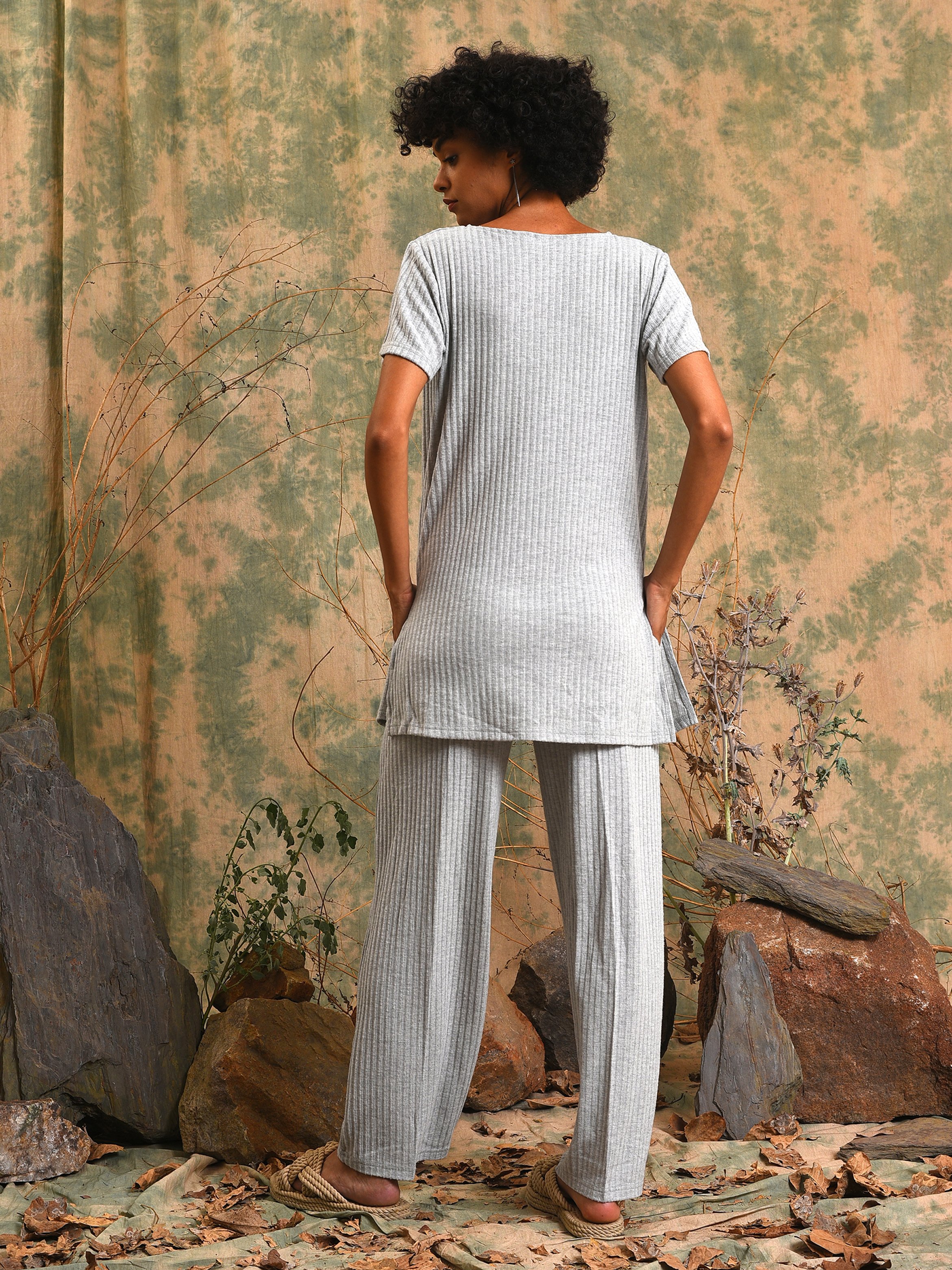 Grey 3-Piece Ribbed Top, Cardigan and Pants Co-Ord Set