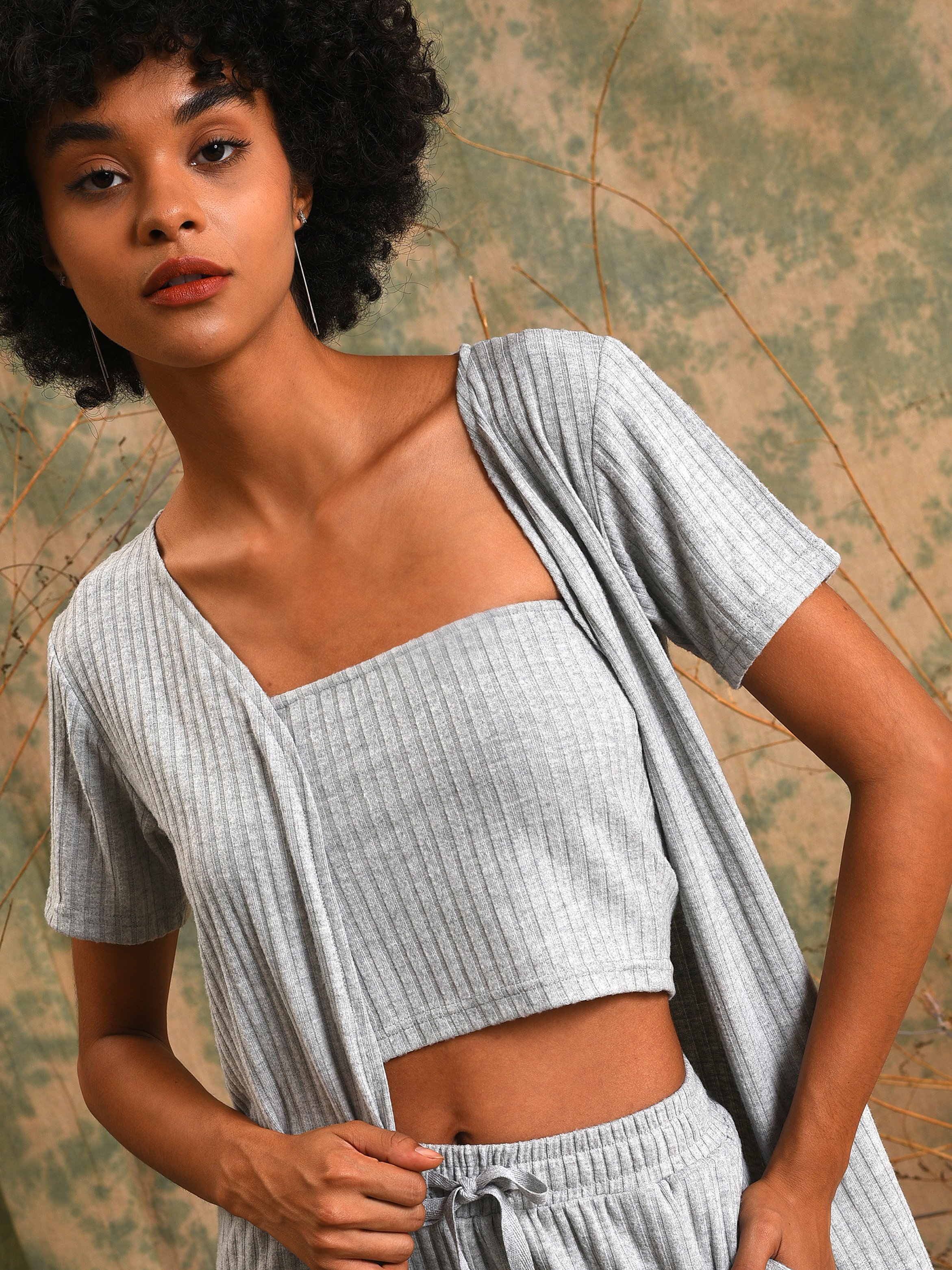 Grey 3-Piece Ribbed Top, Cardigan and Pants Co-Ord Set