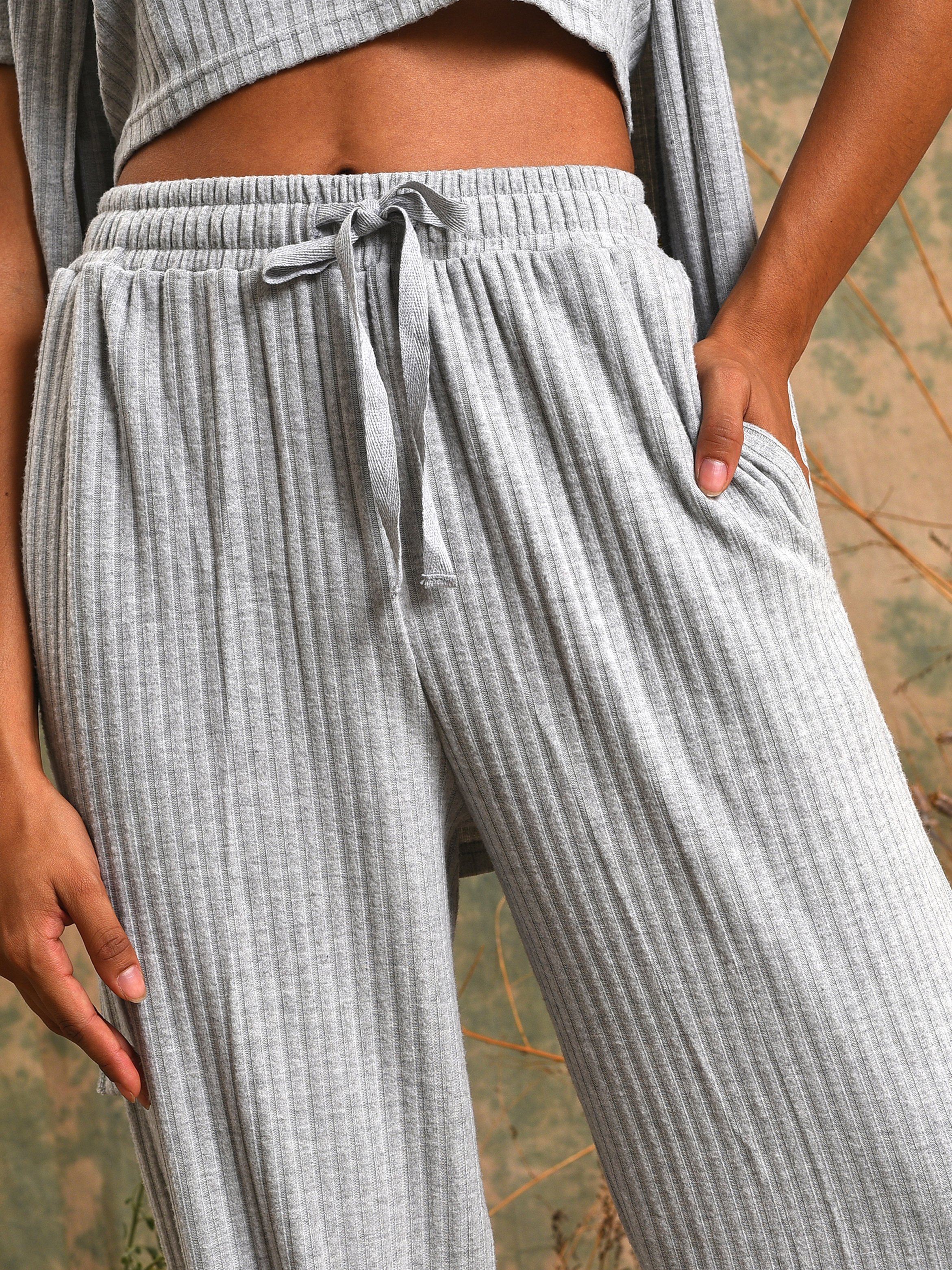 Grey 3-Piece Ribbed Top, Cardigan and Pants Co-Ord Set