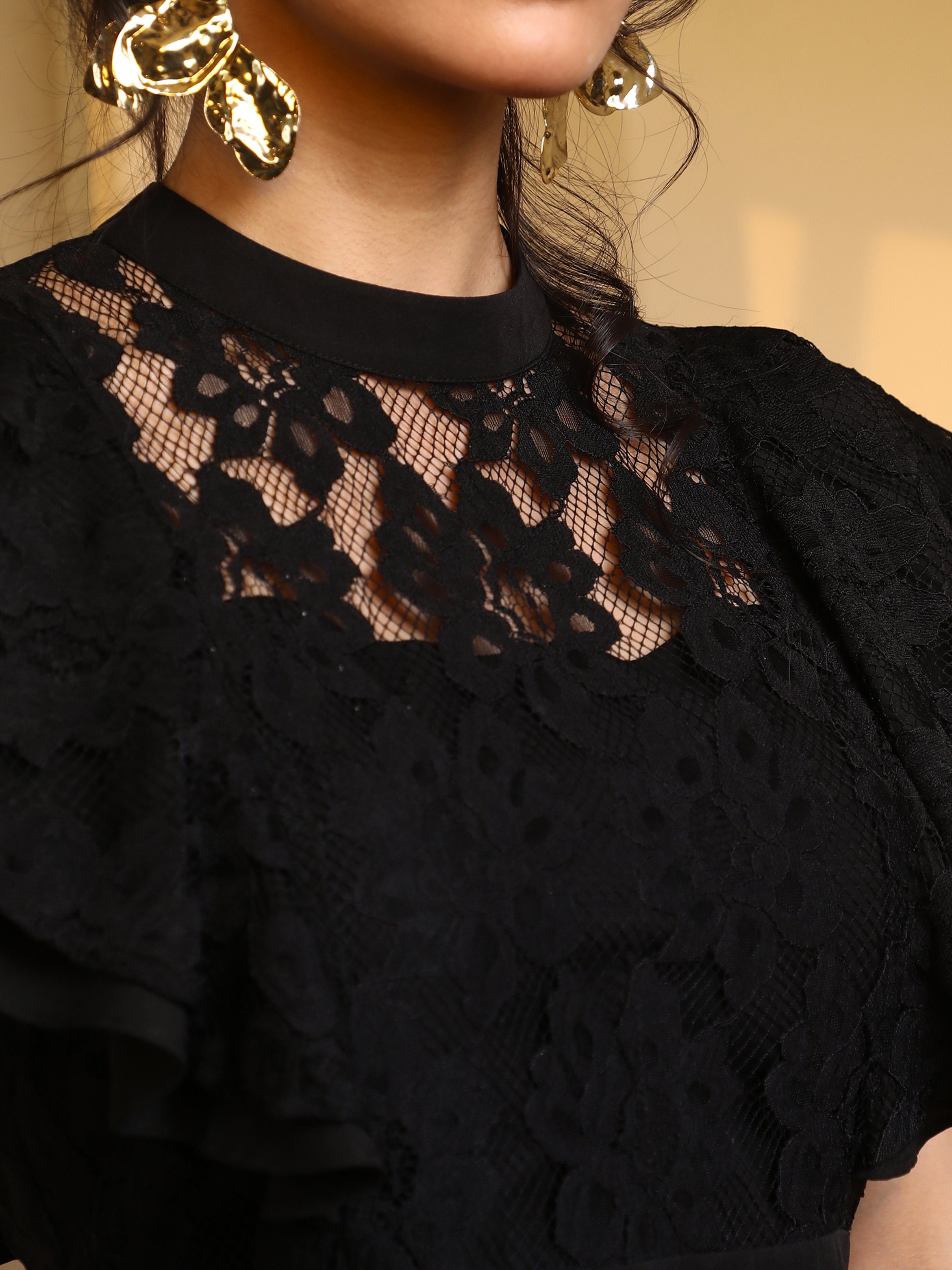 Onyx Black Floral Lace Midi Dress