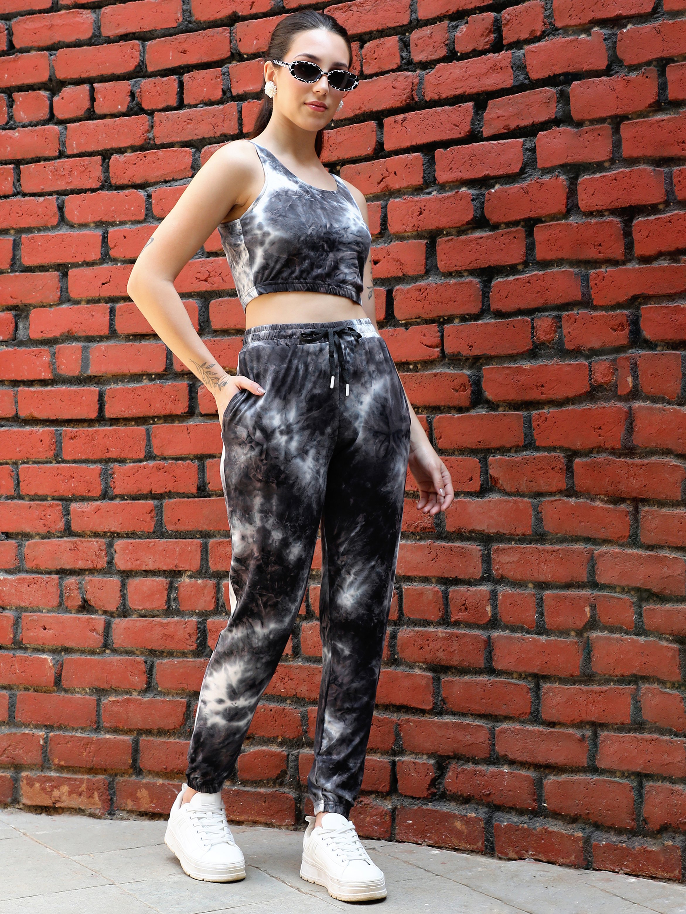 Charcoal Grey Tie-Dye Crop Top and Joggers Co-Ord Set
