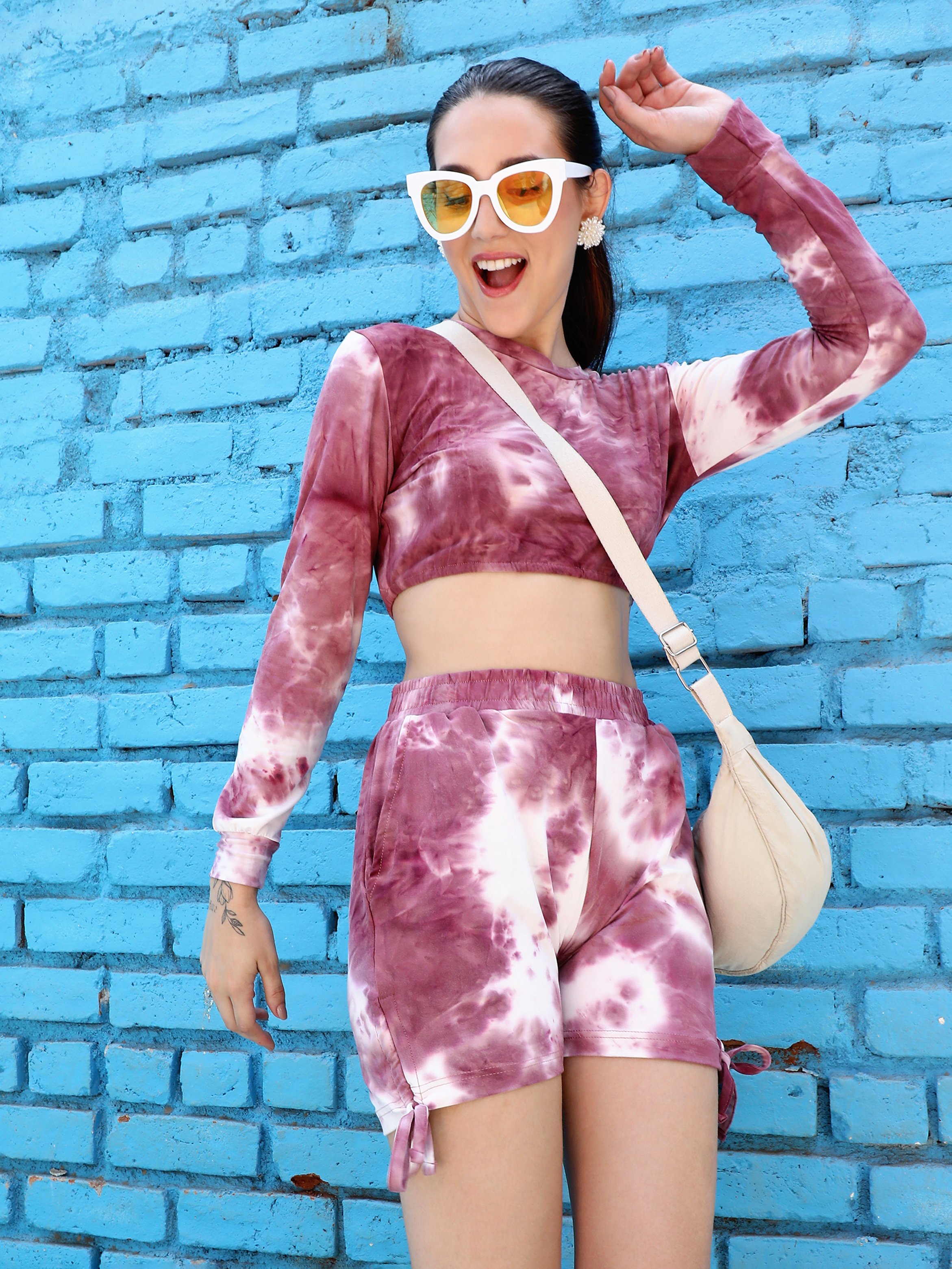 Garnet Pink Tie-Dye Crop Top and Shorts Co-Ord Set