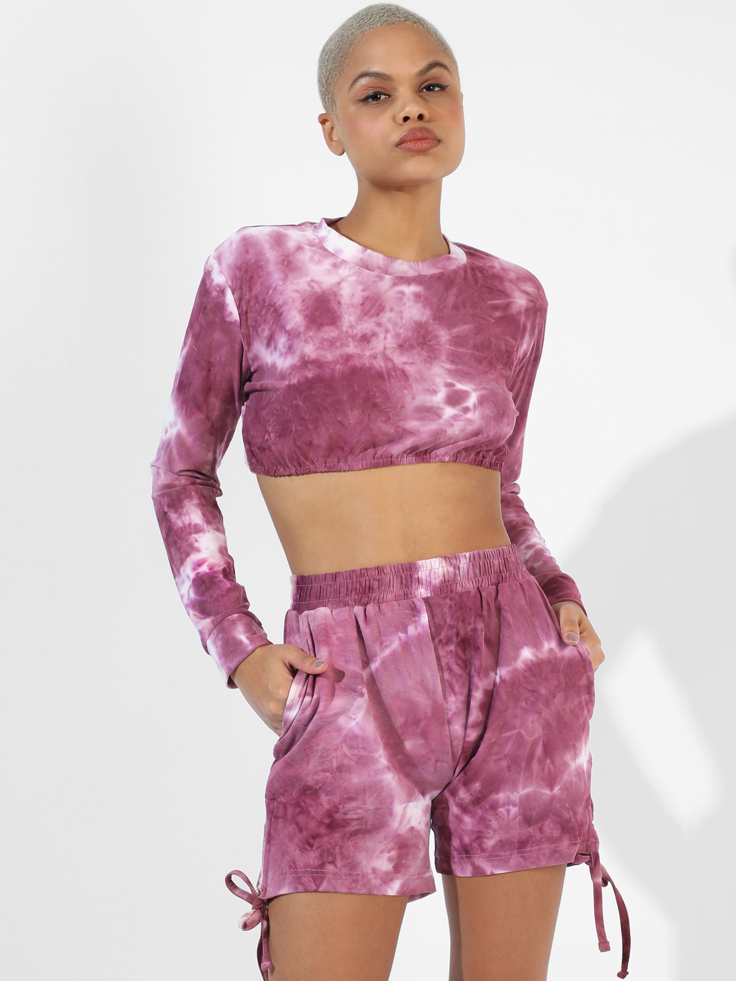 Garnet Pink Tie-Dye Crop Top and Shorts Co-Ord Set