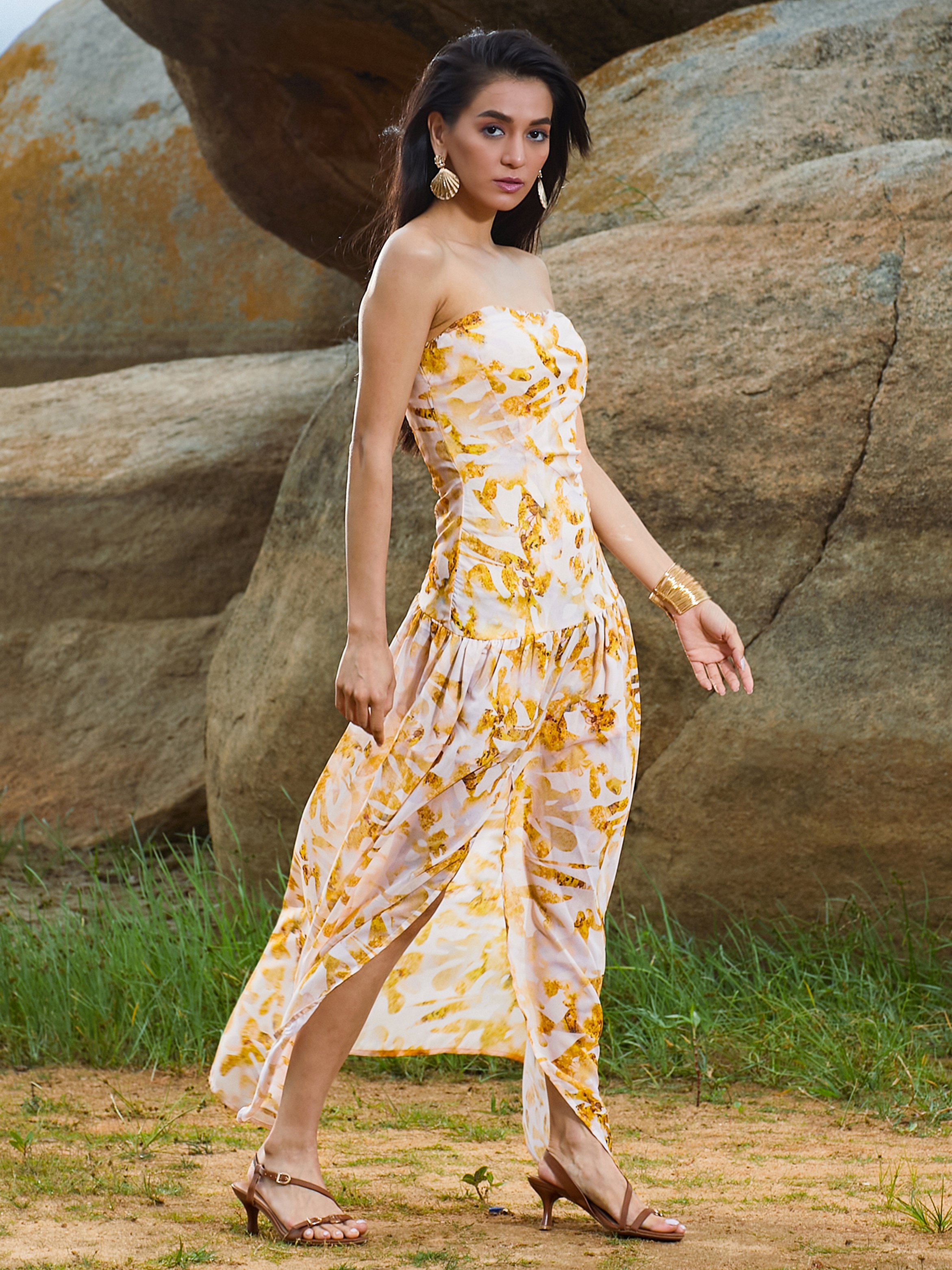 Yellow Blurry Print Bandeau Maxi Dress