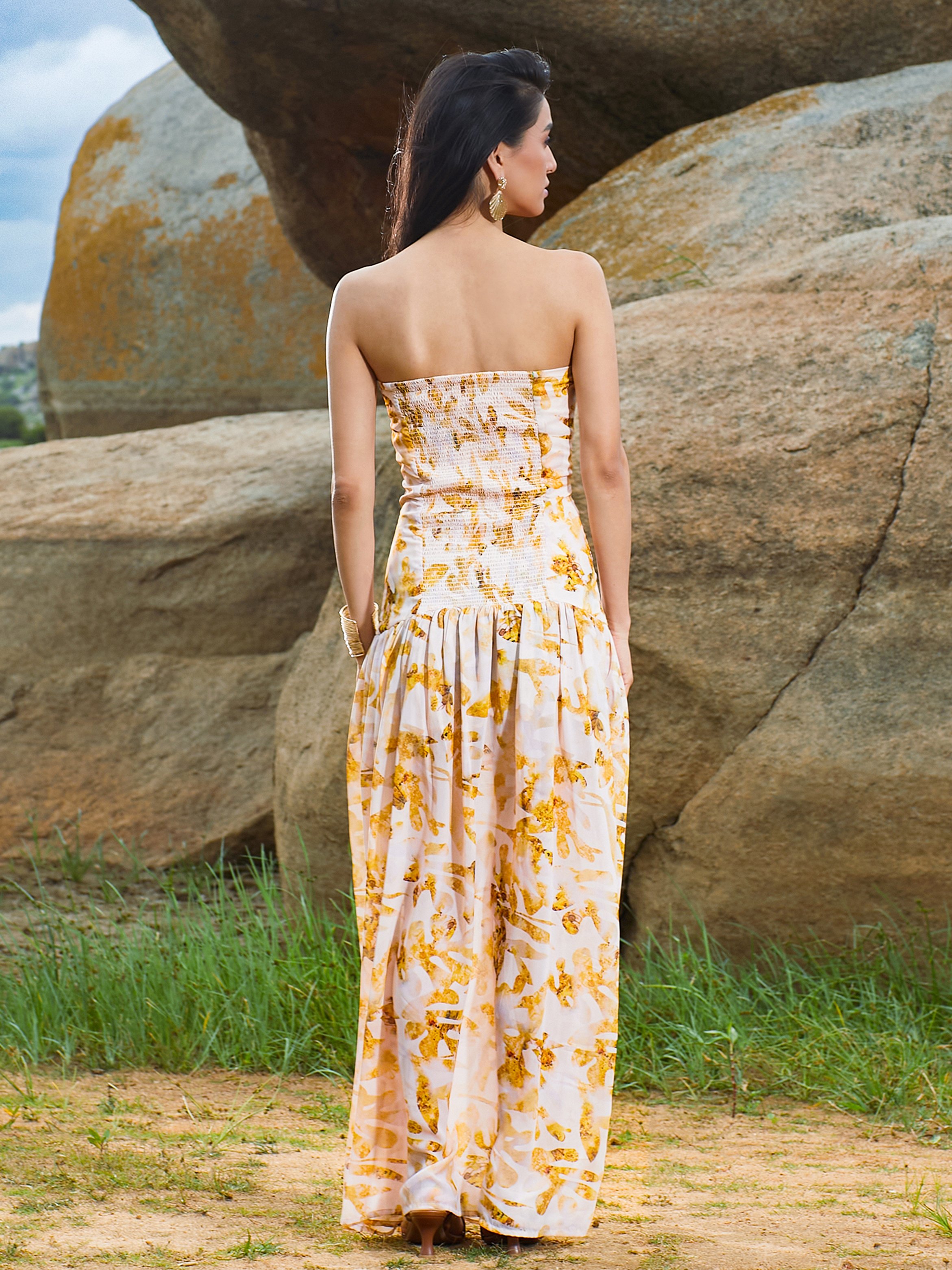 Yellow Blurry Print Bandeau Maxi Dress
