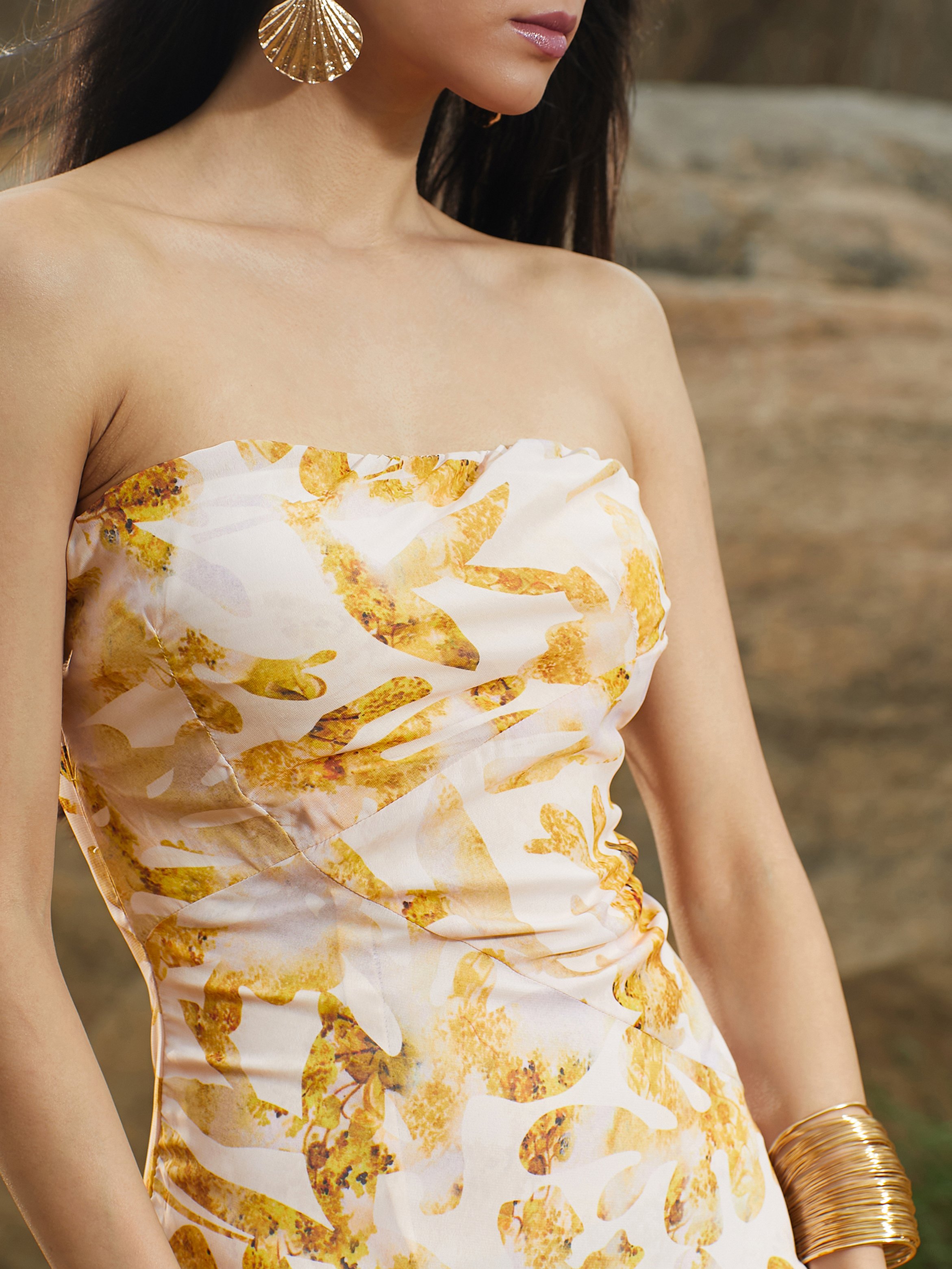 Yellow Blurry Print Bandeau Maxi Dress