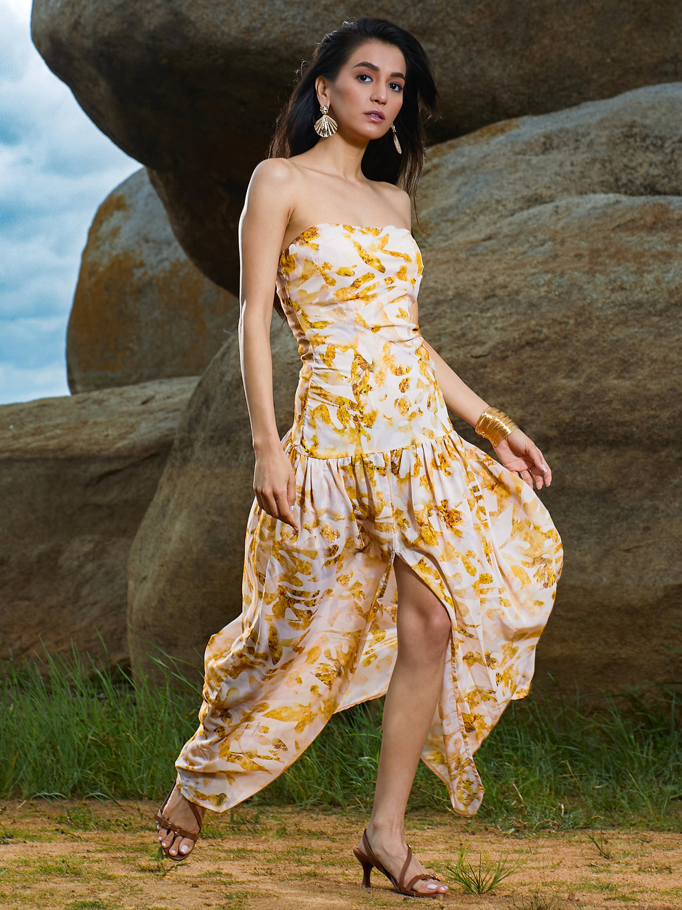 Yellow Blurry Print Bandeau Maxi Dress